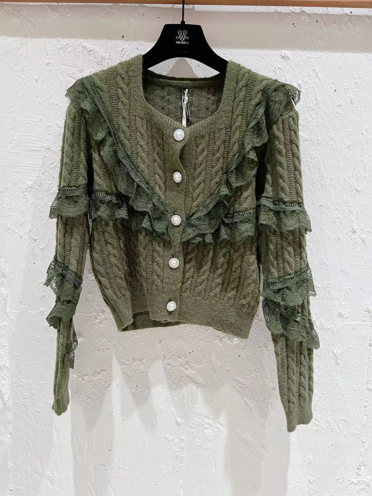 抹茶色針織荷葉邊開胸 -T