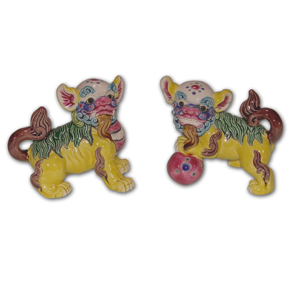 交趾陶｜嬌黃戲獅對