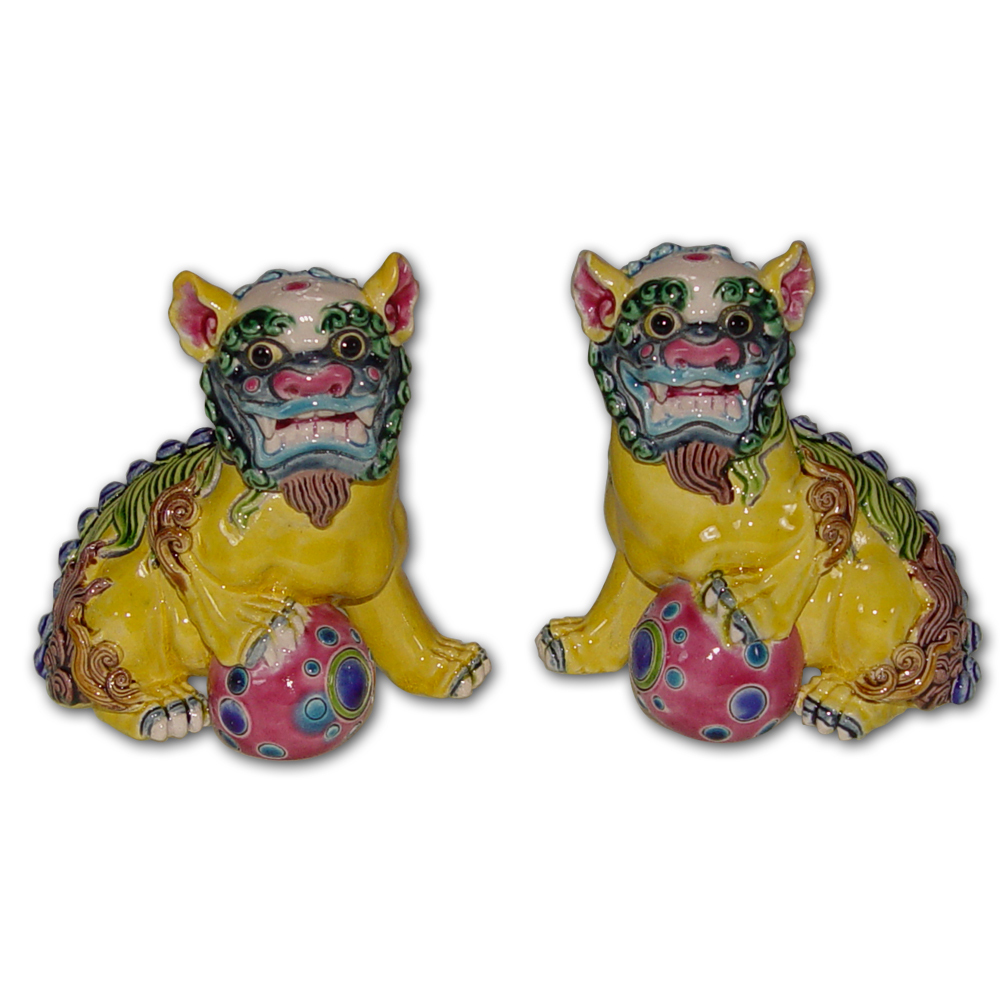 交趾陶｜嬌黃戲獅對