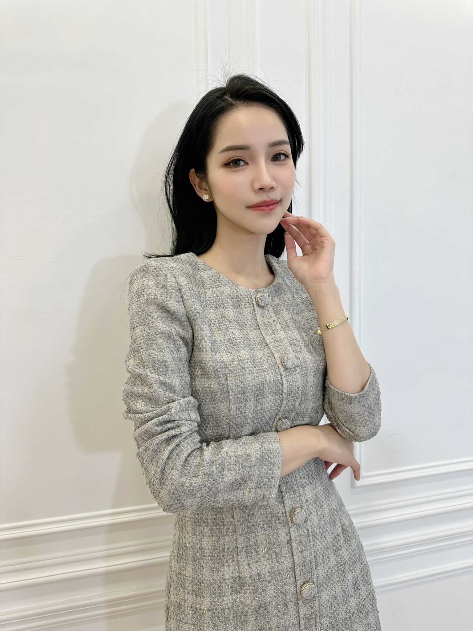 圓領織紋毛呢洋