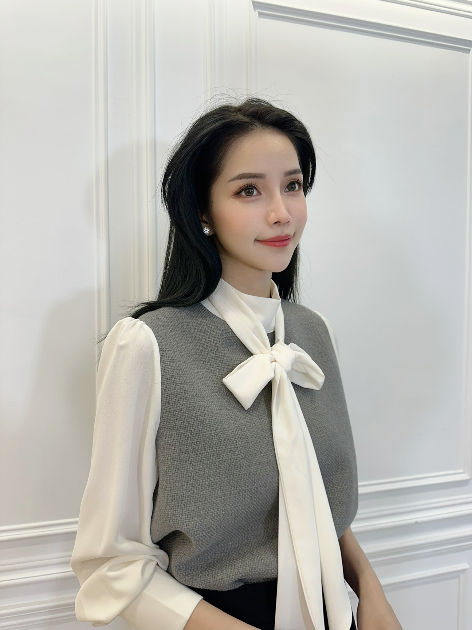 拼色織紋領巾上衣