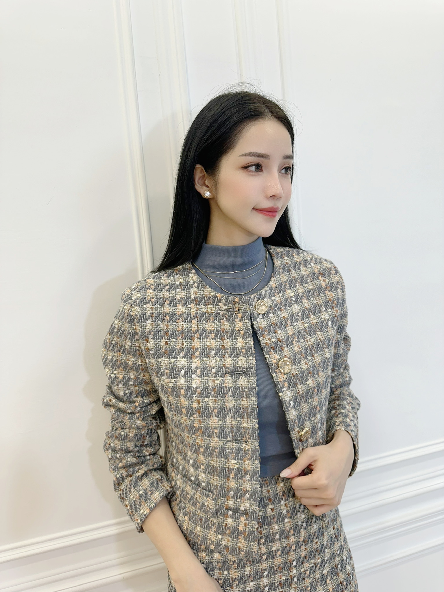 混色細閃感小香外套+及膝窄裙Set套裝