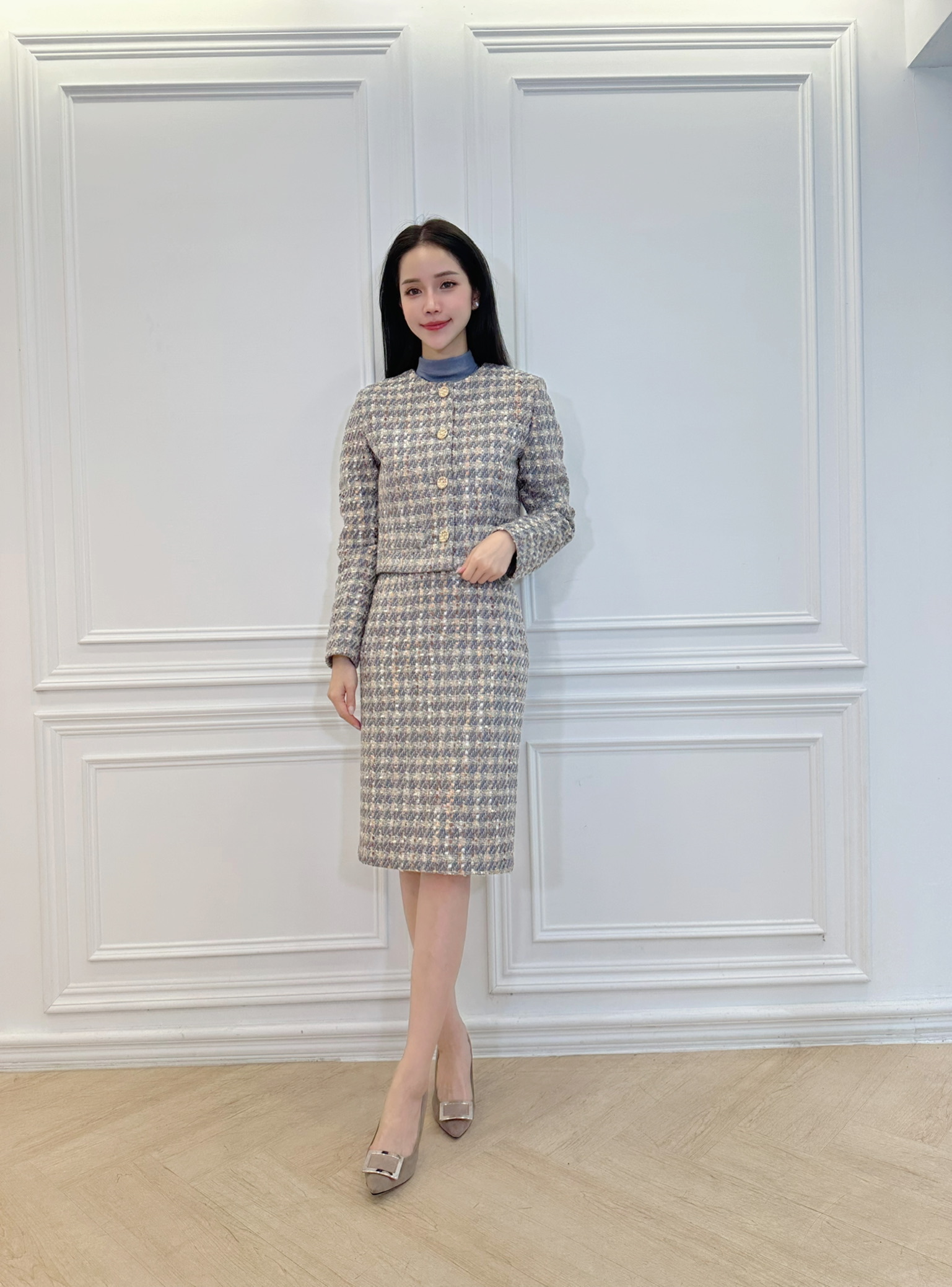 混色細閃感小香外套+及膝窄裙Set套裝