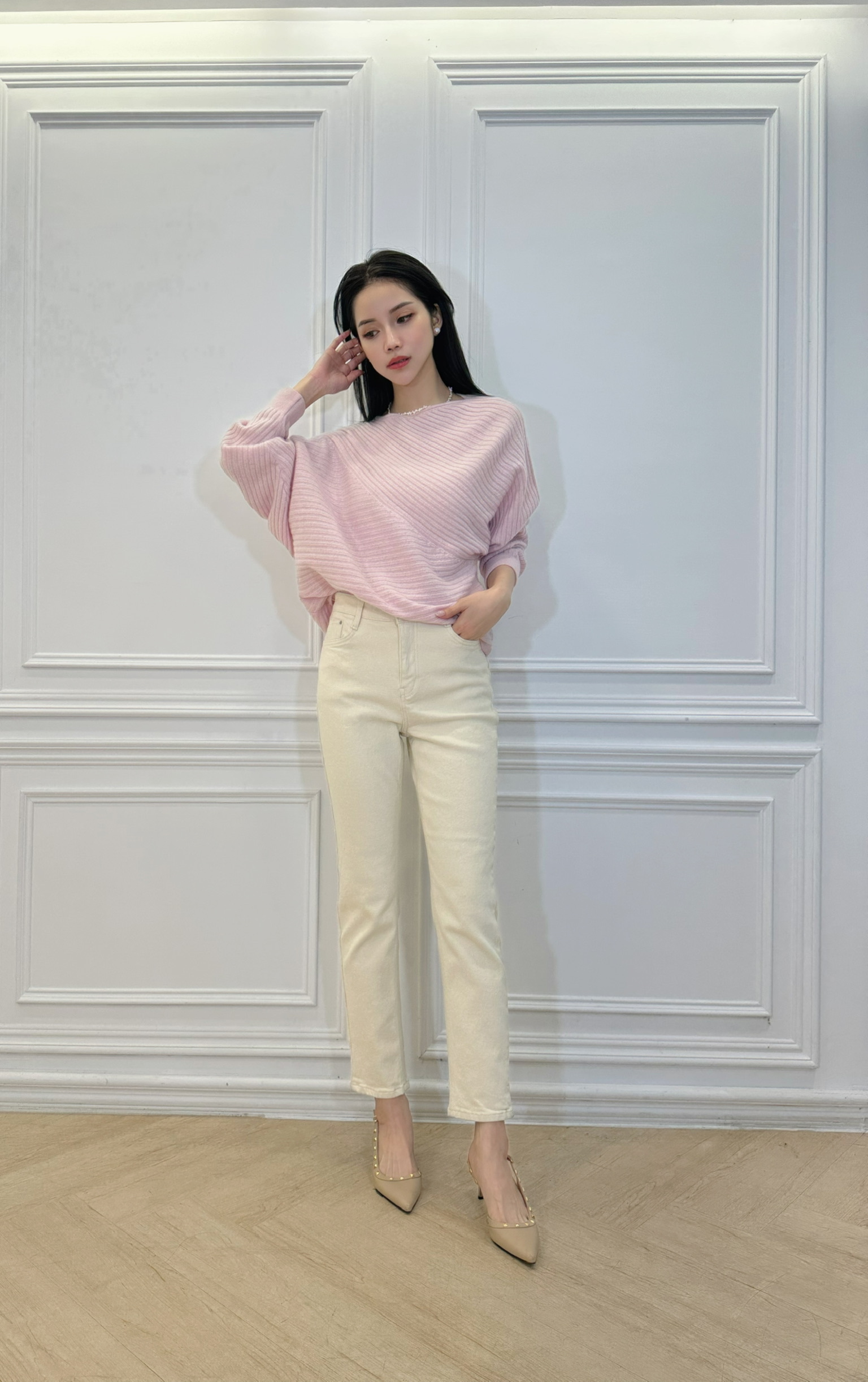 白色內刷絨合身牛仔褲