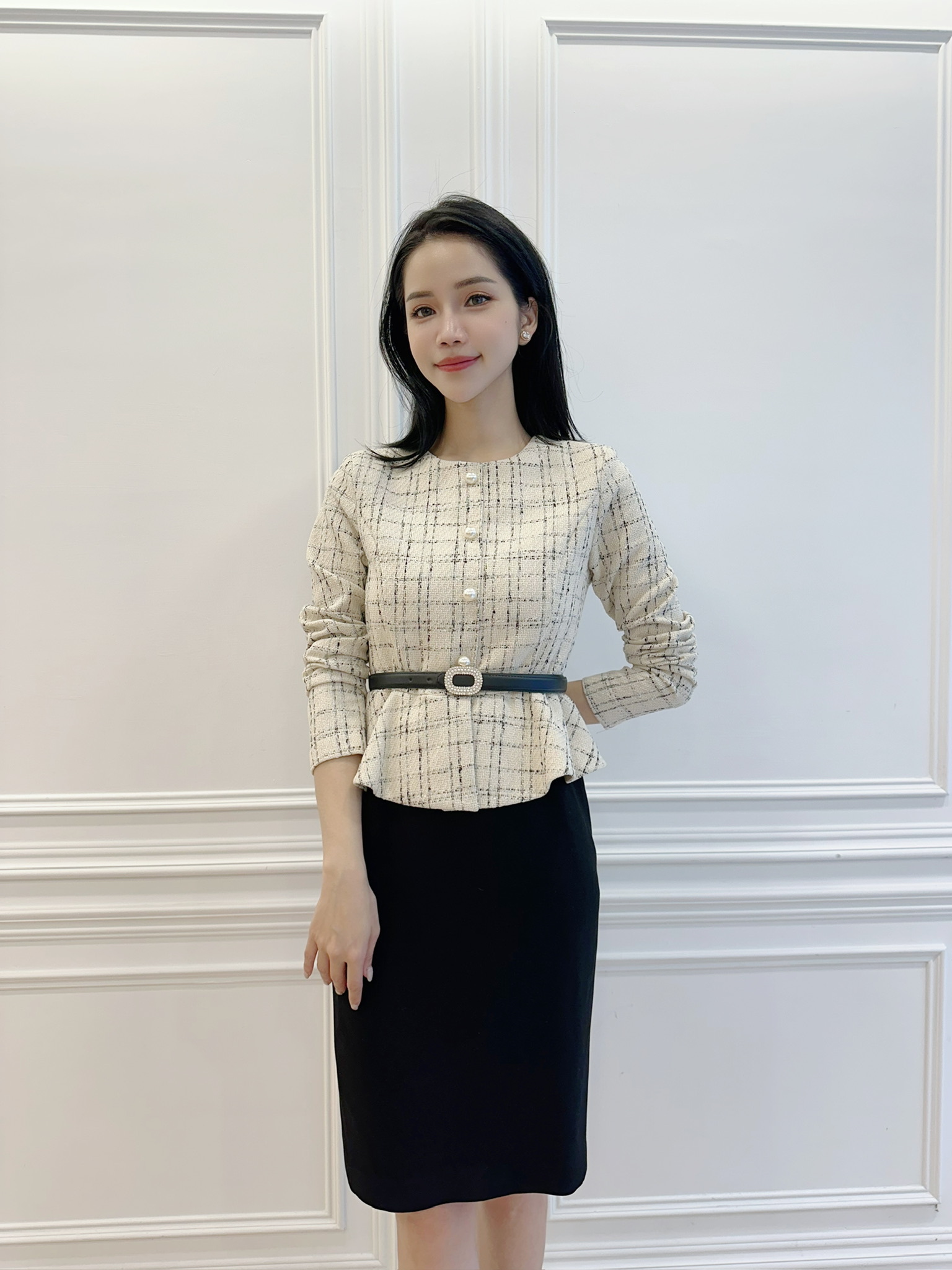 經典織紋荷葉腰身洋裝