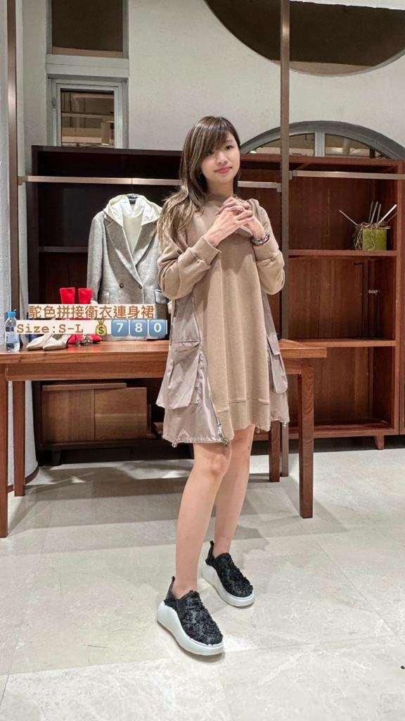 駝色拼接衛衣裙 -T