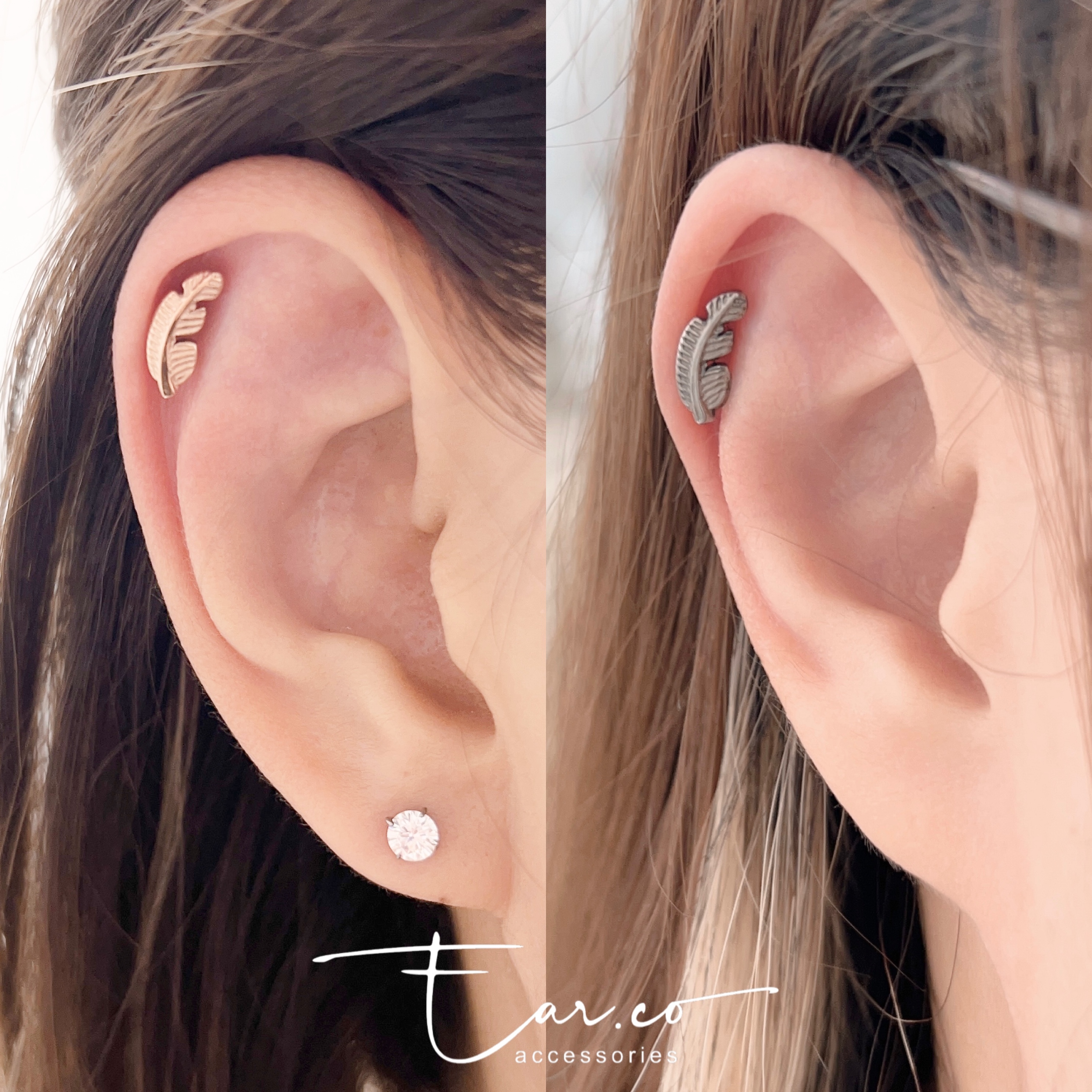 清新小羽毛平頭耳門/耳珠/耳骨釘 [G23 Titanium] [單支]