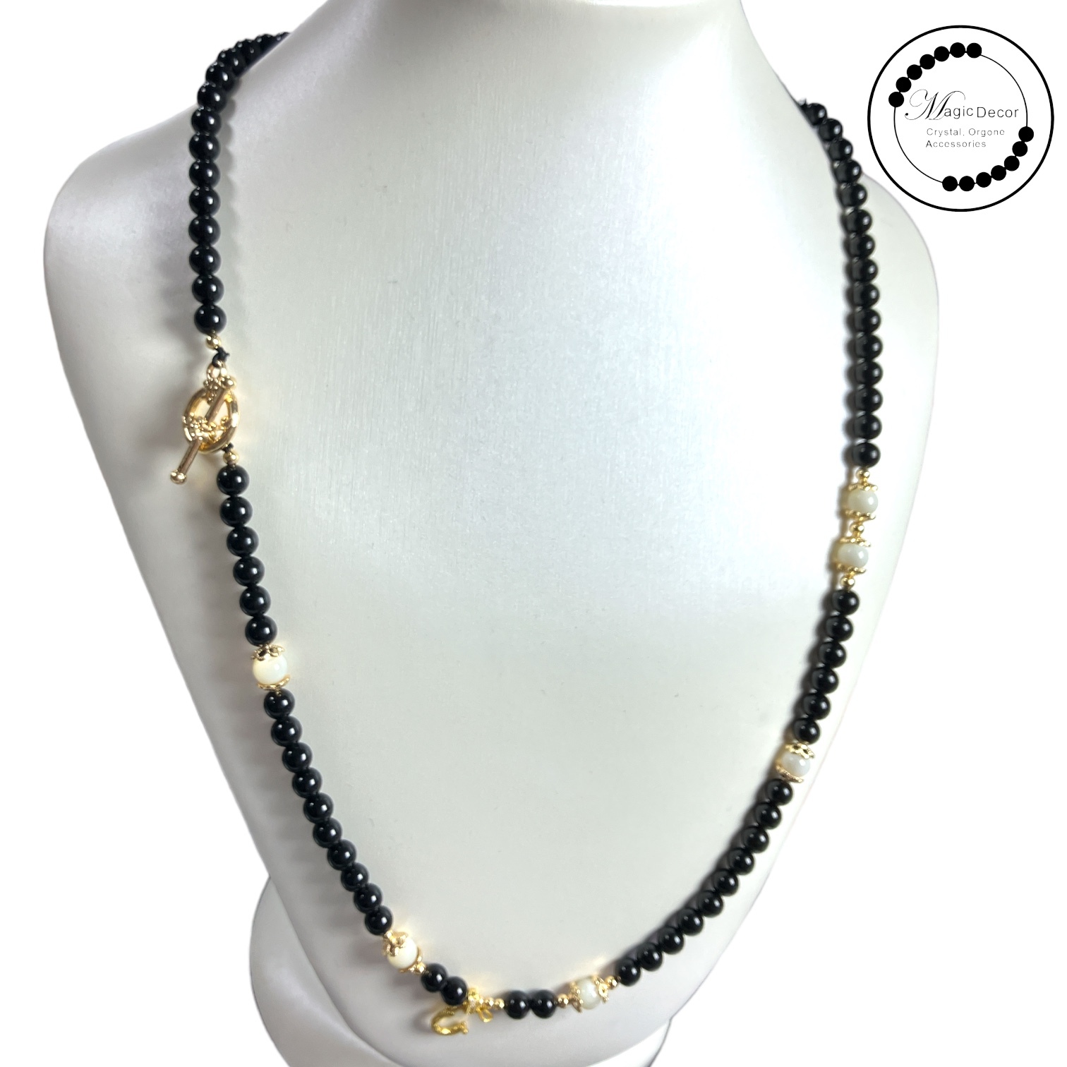 250828 - A59 6mm黑曜石白貝母OT扣設計款頸鏈