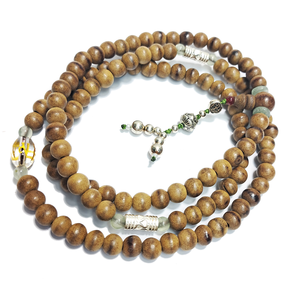 無限銀管{純銀}&蓮花銀珠&橄欖石&六字真言{琉璃}&沉香木108念珠6mm【十方】152922