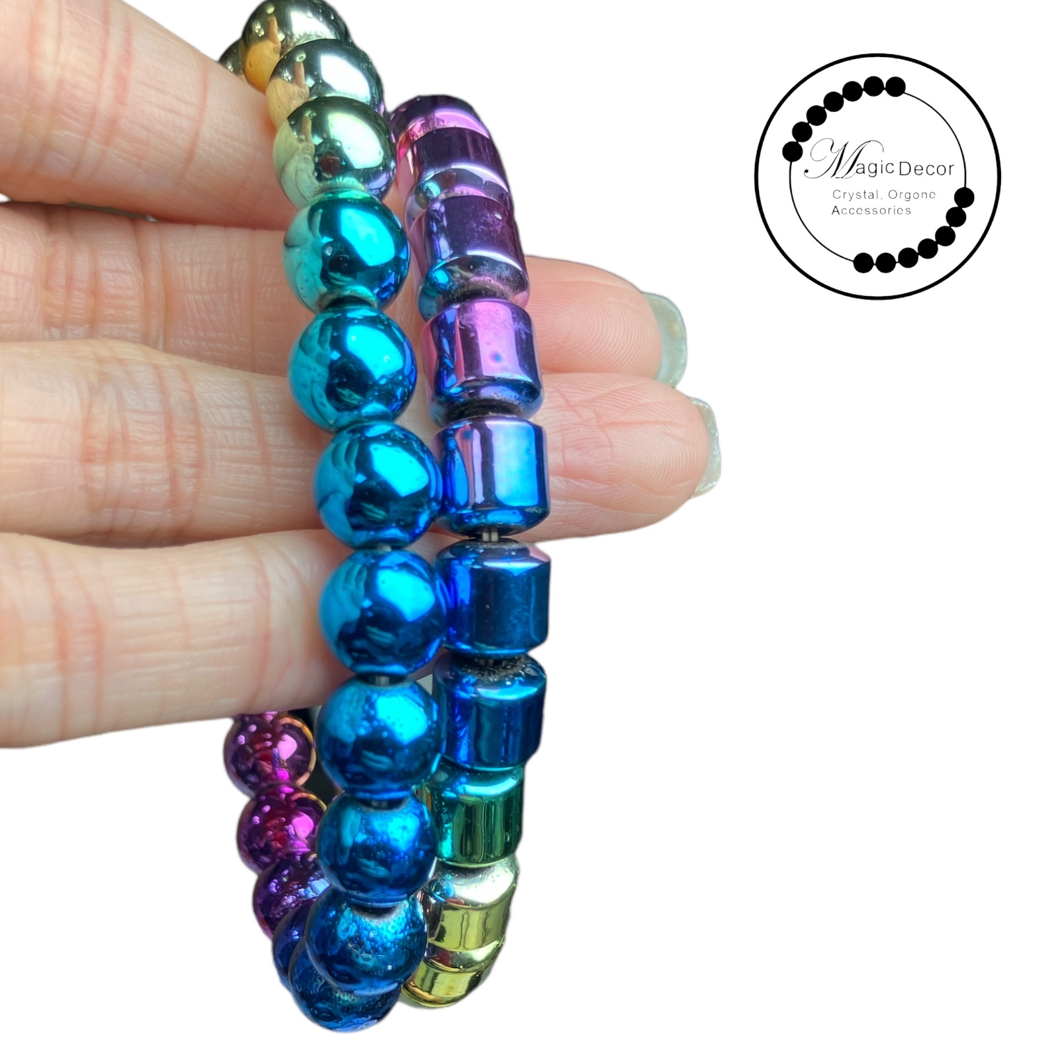 231214-A51 彩虹電鍍黑膽石手串（圓珠/筒珠 買一送一）