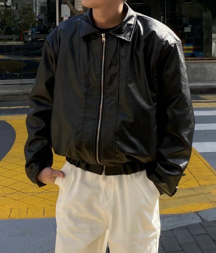 反領拉鍊合成皮褸(薄夾棉) JK2459