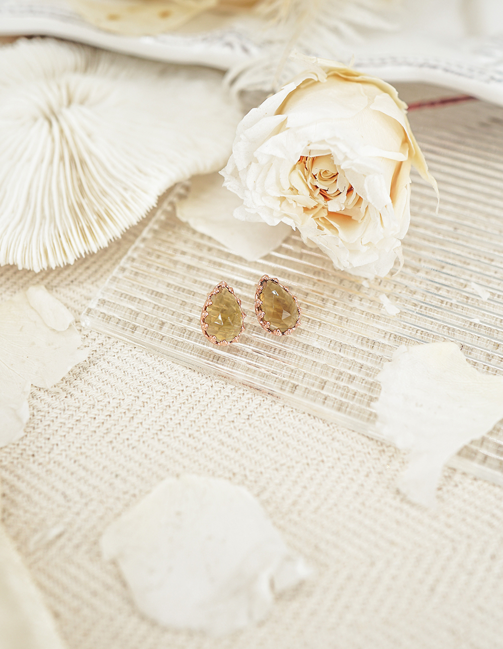 925 純銀天然石蕾絲厚切水滴耳釘✧啤酒石英