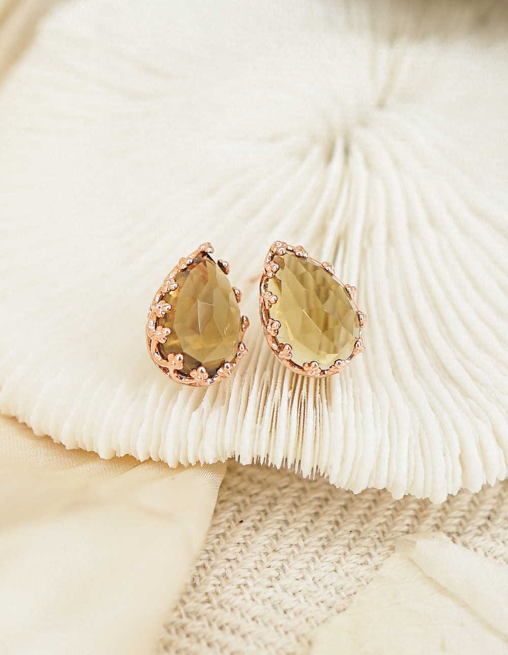 925 純銀天然石蕾絲厚切水滴耳釘✧啤酒石英