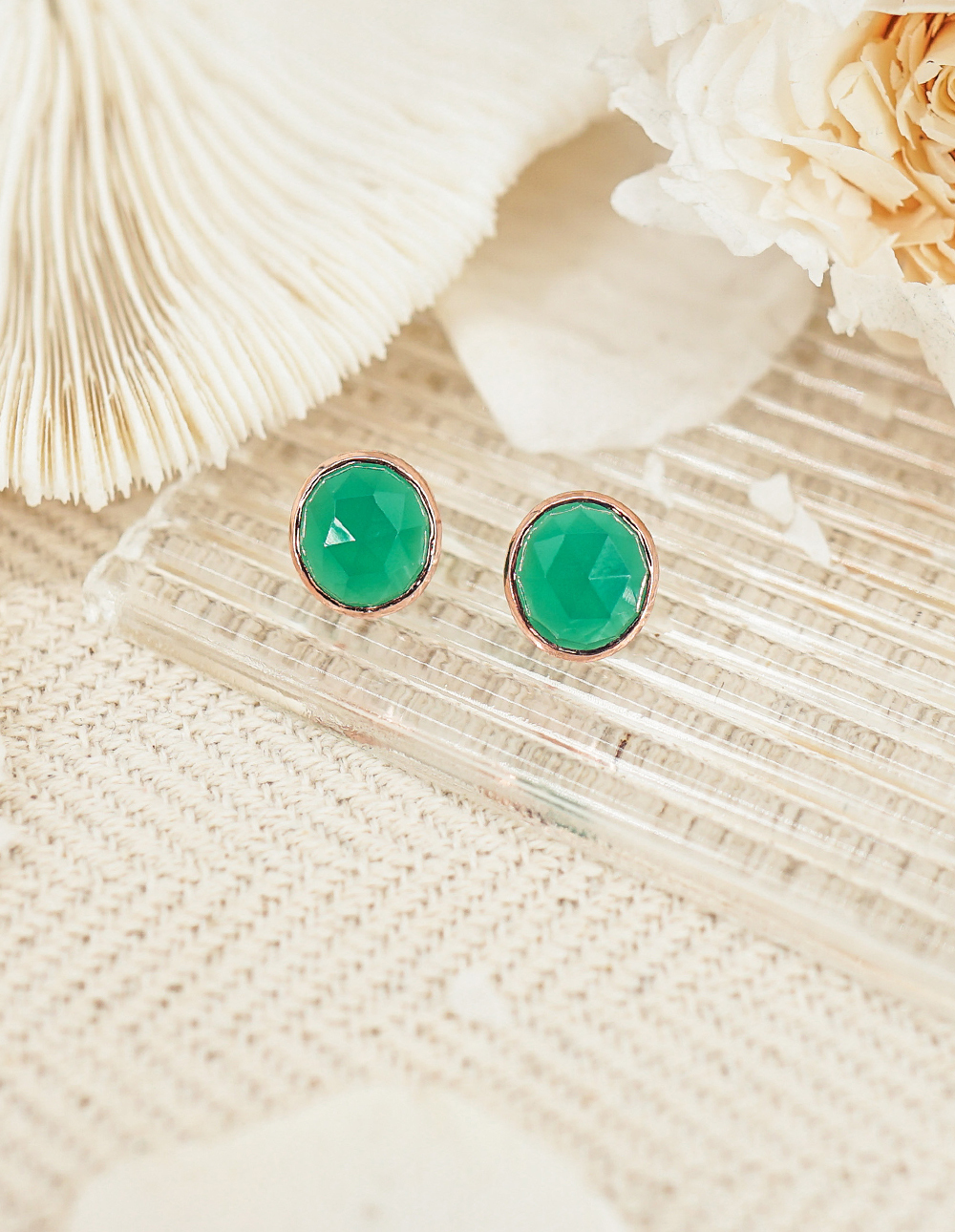 925 純銀天然石寶石切面耳釘✦綠✧綠瑪瑙