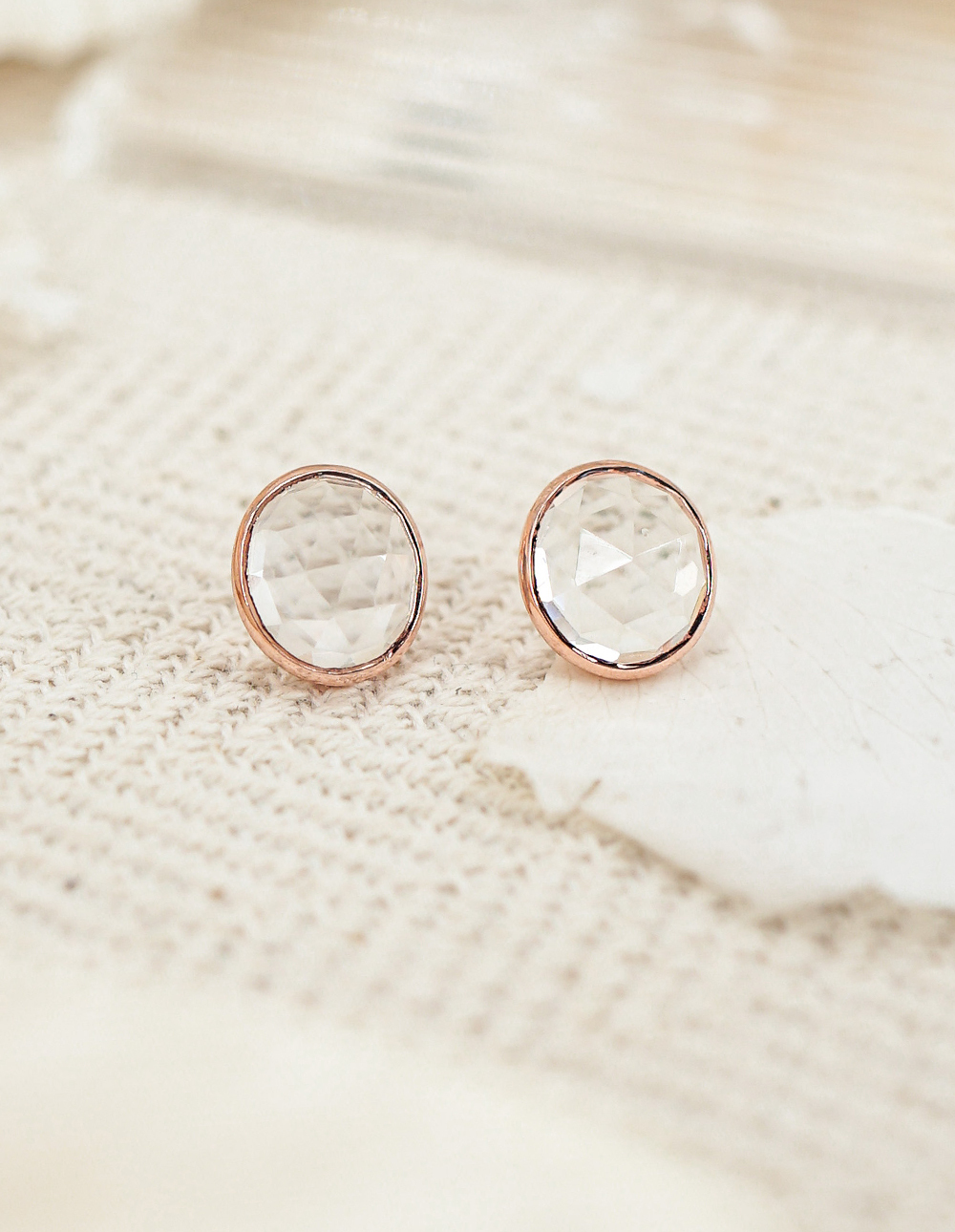 925 純銀天然石寶石切面耳釘✦透明✧白水晶