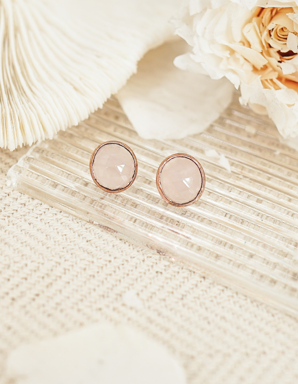 925 純銀天然石寶石切面耳釘✦粉紅✧粉晶