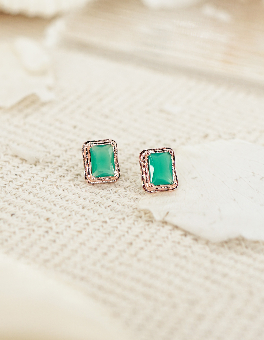 925 純銀天然石方形切面耳釘✦綠✧綠瑪瑙