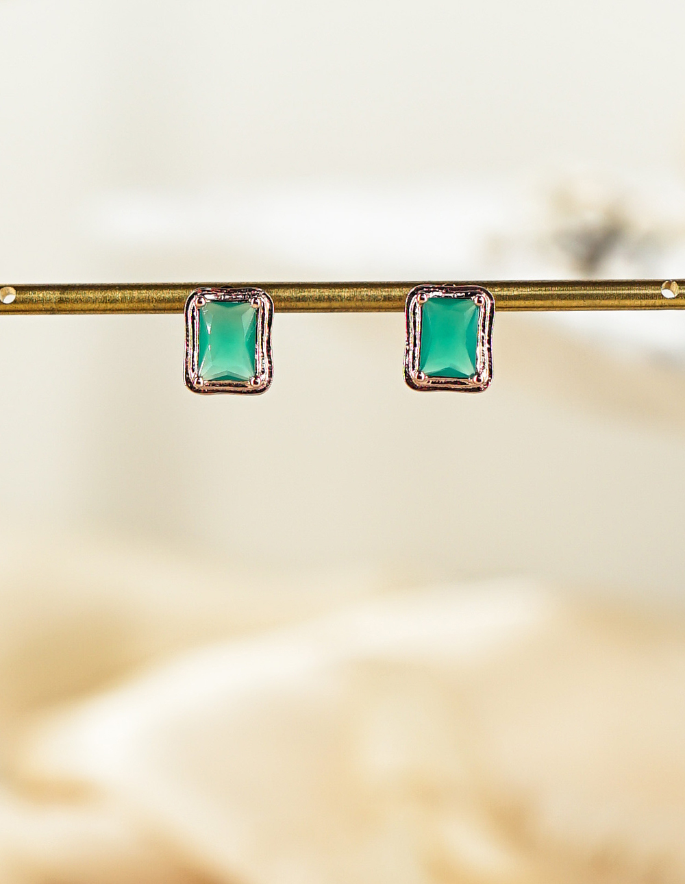 925 純銀天然石方形切面耳釘✦綠✧綠瑪瑙