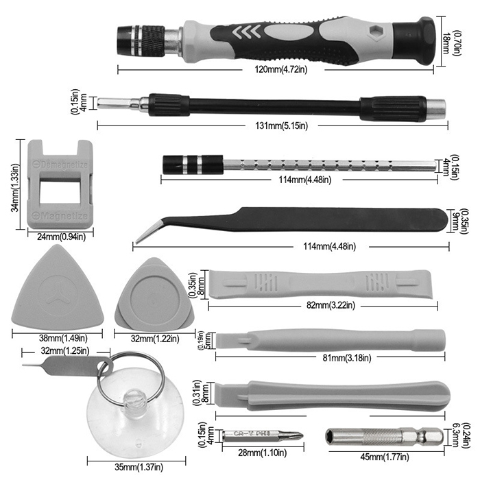 115合1多功能專業工具組,部件尺寸