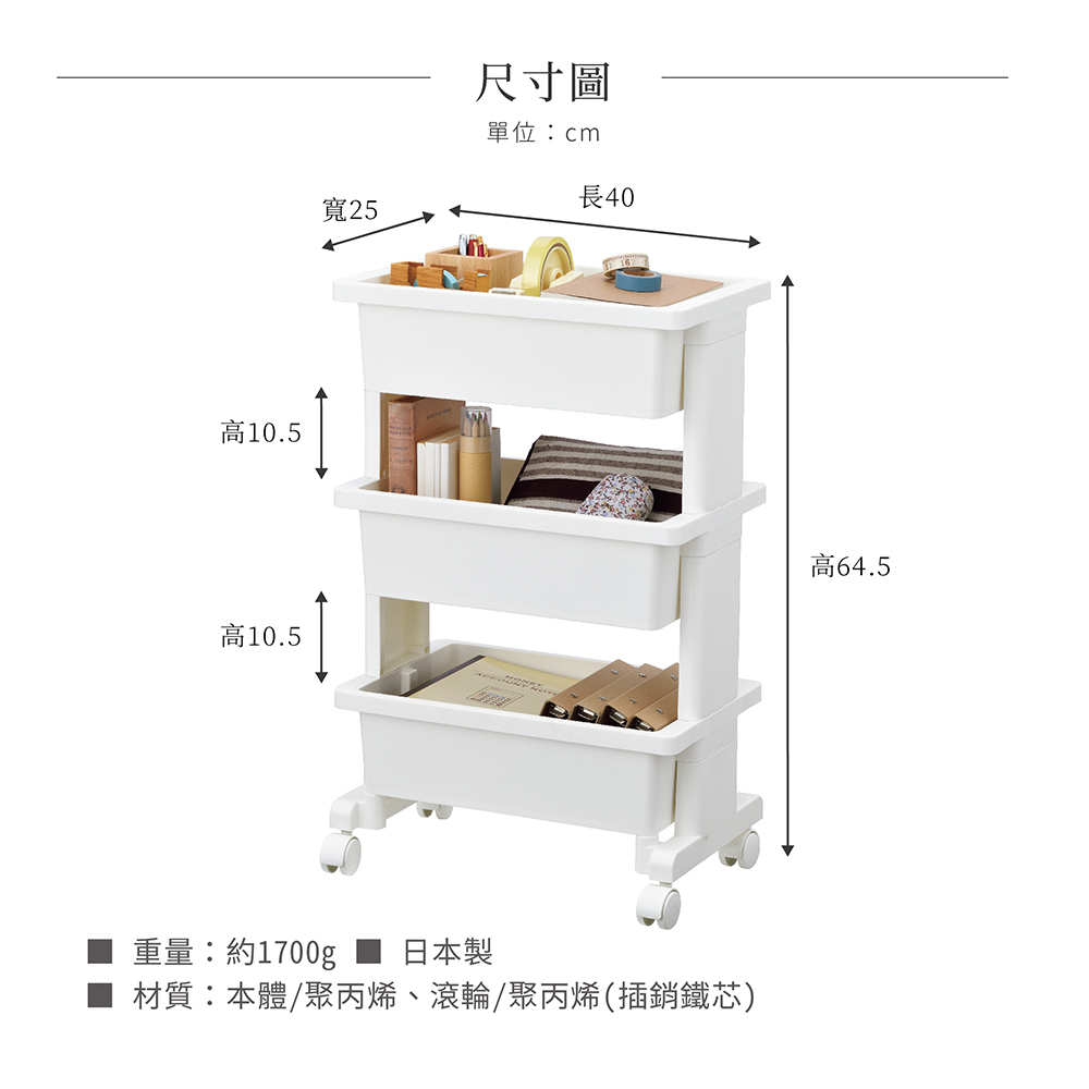 《JEJ ASTAGE》日本製多功能收納置物三層推車 梨花白