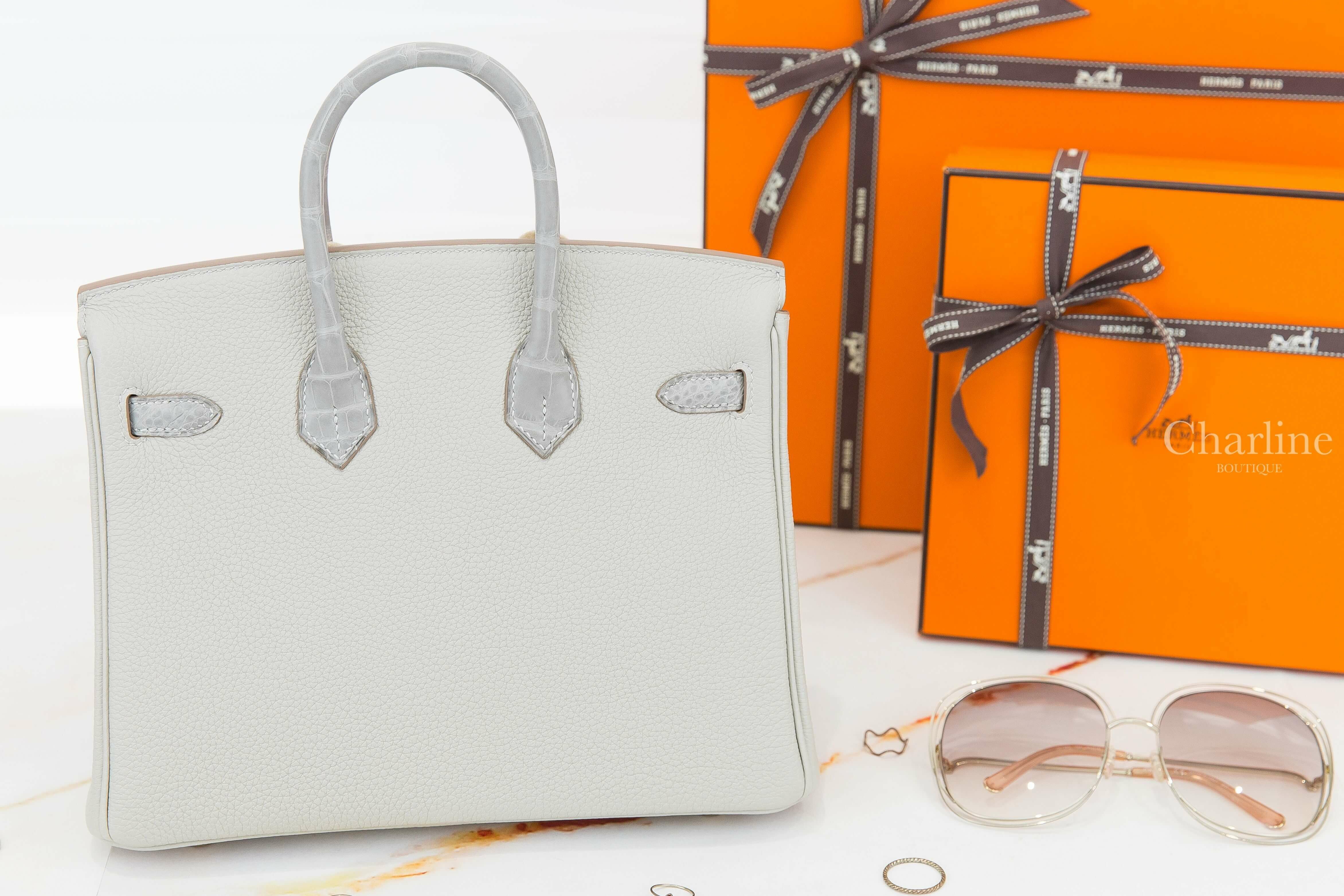 Hermès Birkin 25cm Touch Veau Togo / Alligator Mississippiensis Matte 80 Gris Perle B刻珍珠灰霧面方塊鱷魚拼皮革鉑金包-Charline Boutique 精品代購