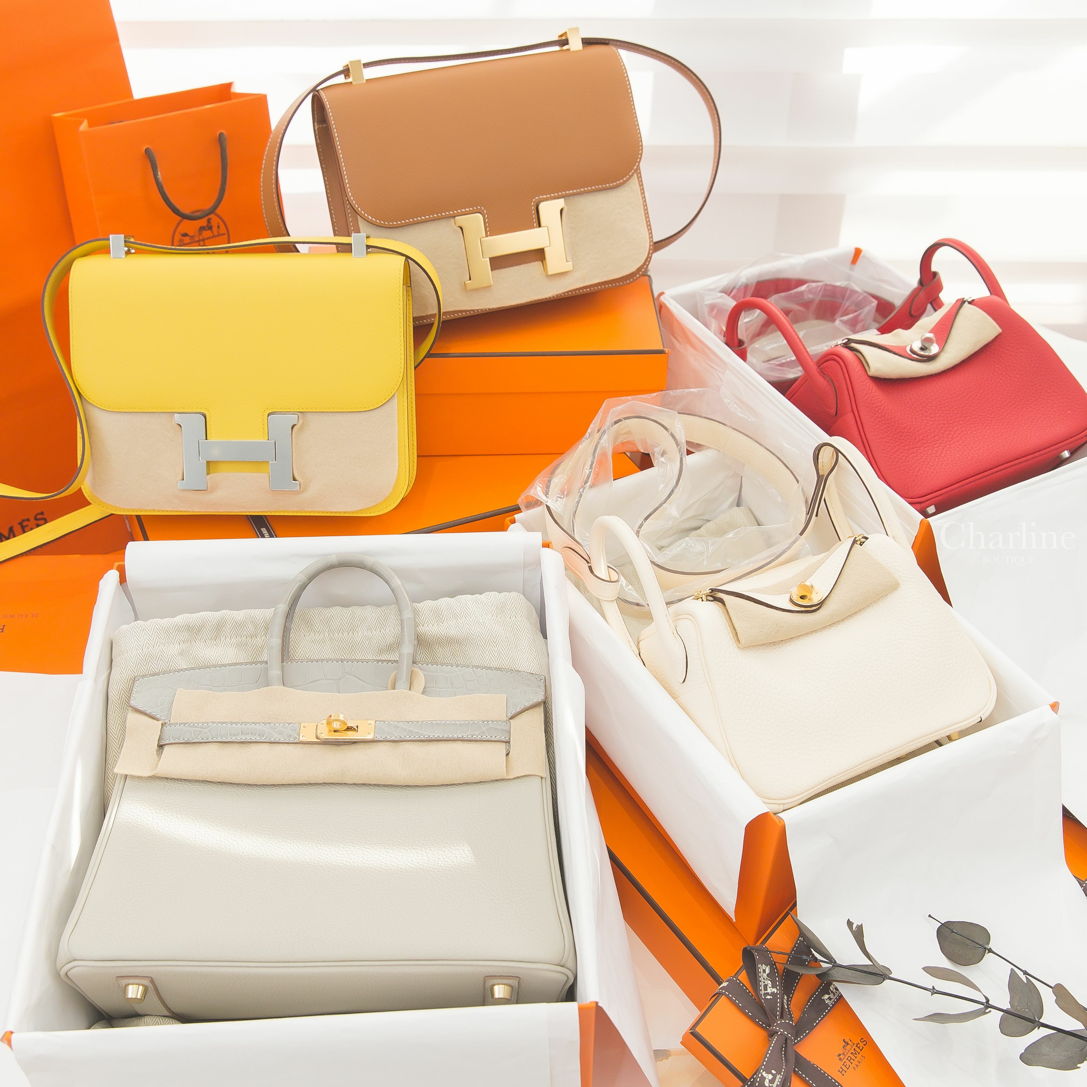 Hermès Lindy Mini U刻奶油白金釦,U刻朱砂紅銀釦,Constance III 24cm U刻焦糖色金釦鏡面款,B刻那不勒斯黃銀釦鏡面款,B刻珍珠灰霧面方塊鱷魚拼皮革鉑金包-Charline Boutique 精品代購