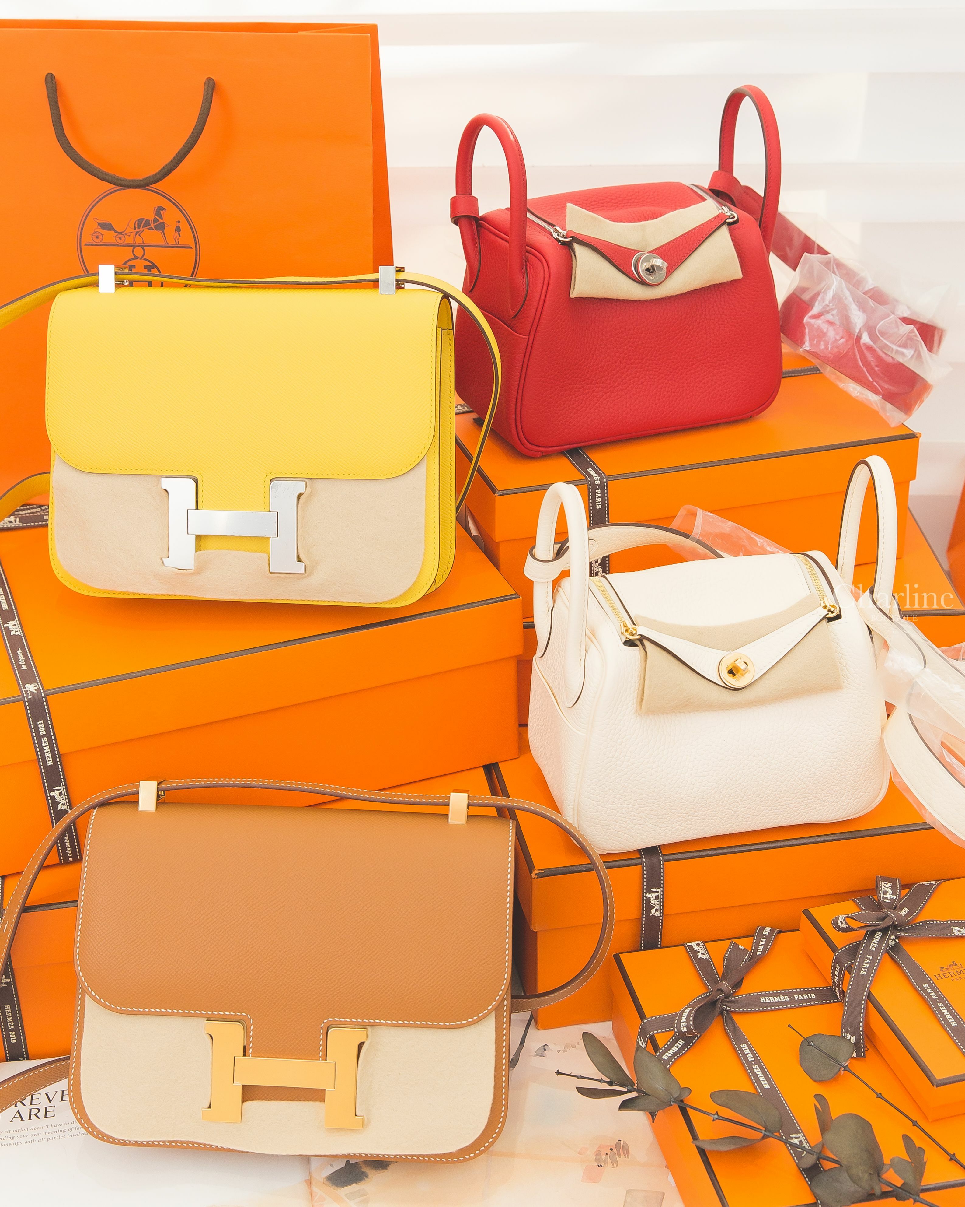 Hermès Lindy Mini Nata Taurillon Clemence U刻奶油白金釦,U刻朱砂紅銀釦,Constance III 24cm U刻焦糖色金釦鏡面款,B刻那不勒斯黃銀釦鏡面款-Charline Boutique 精品代購