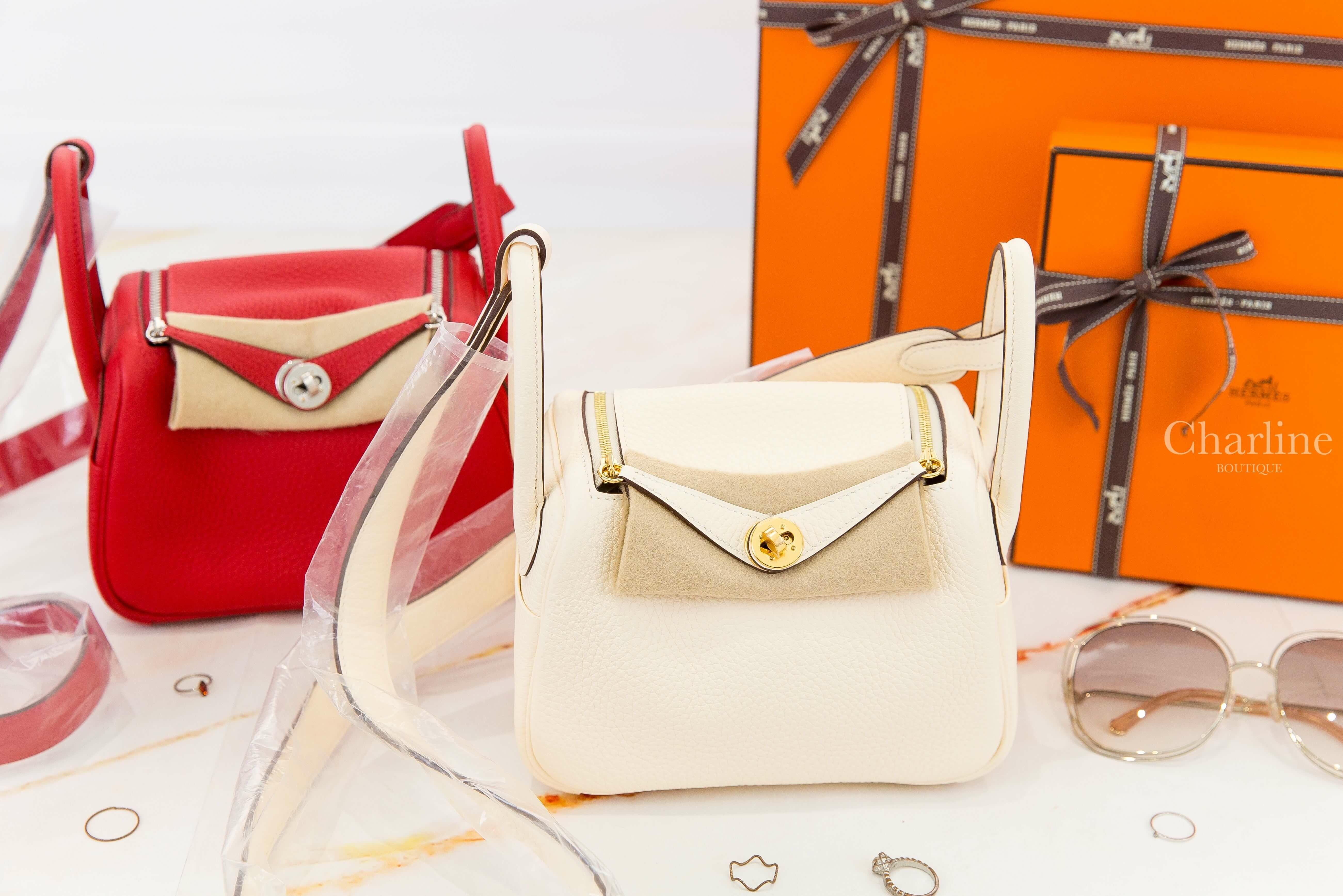 Hermès Lindy Mini I2 Nata Taurillon Clemence U刻奶油白金釦,5E Vermillon Taurillon Clemence U刻朱砂紅銀釦-Charline Boutique 精品代購