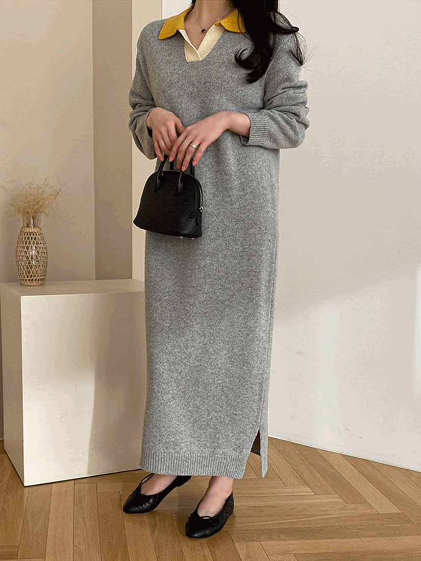 [現貨]拼色領羊毛針織洋裝 [ 2色 / Free ]