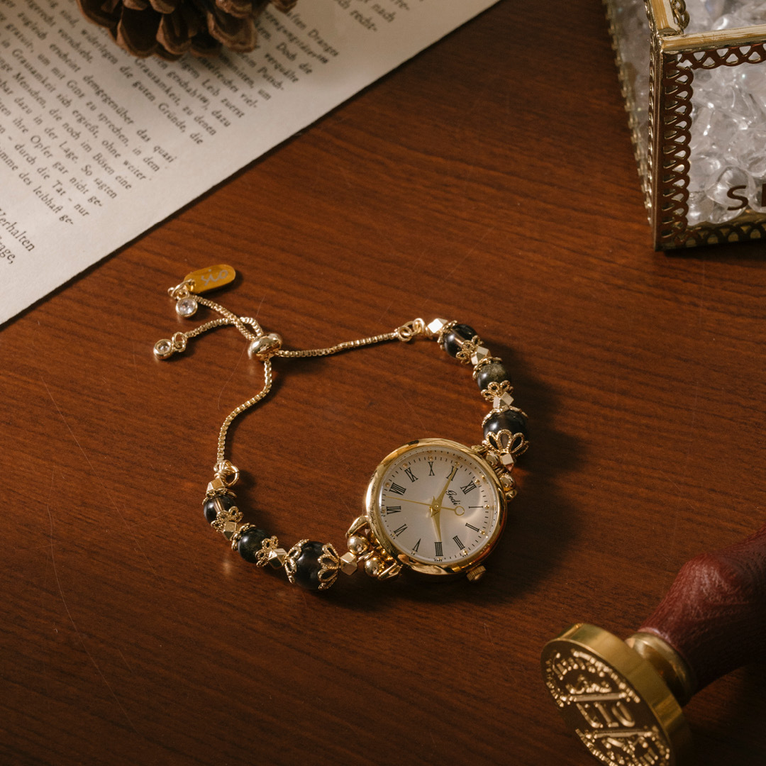 【時光】水晶腕帶手錶-夜語 (黑曜石/金曜石/茶水晶)