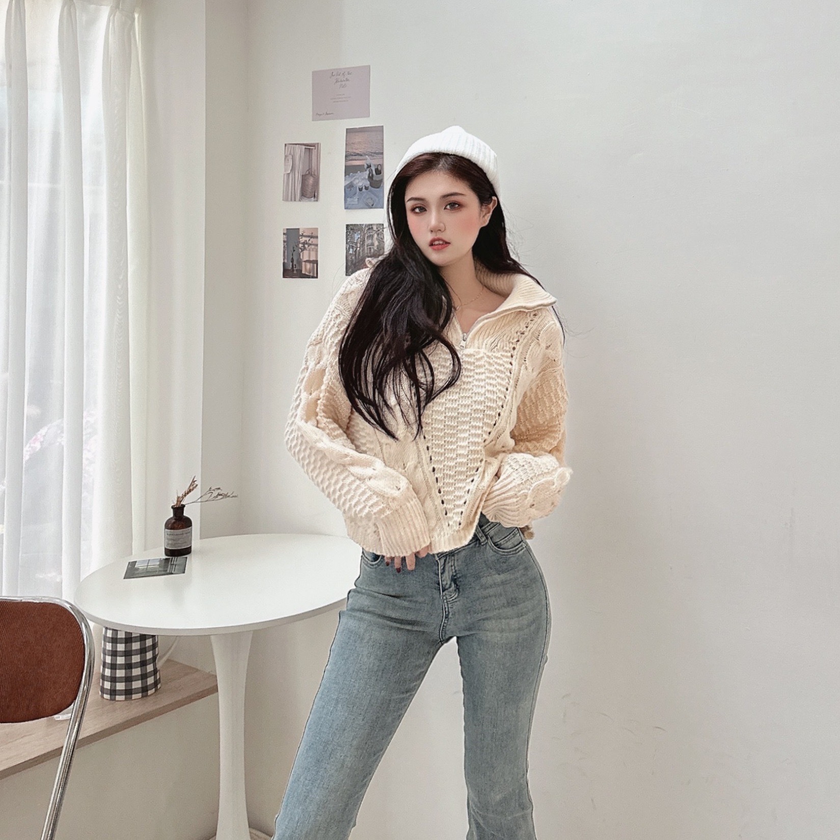 立體麻花拉鏈立領毛衣/二色