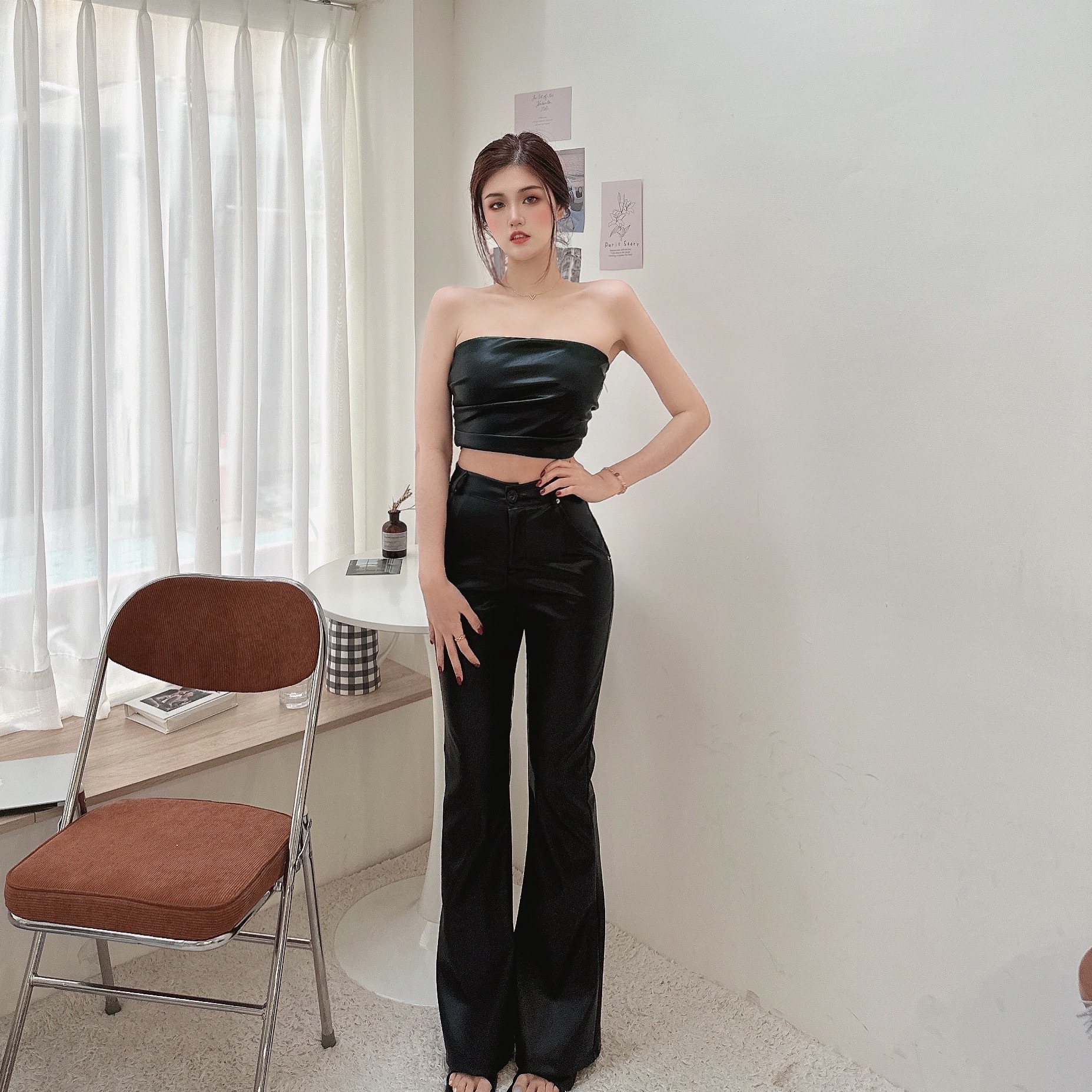 長腿軟皮革喇叭褲/二色