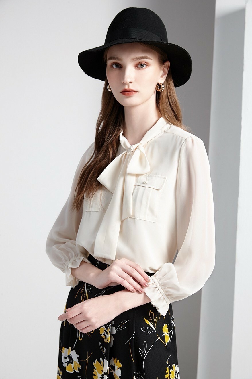 OL時尚優雅綁結領珍珠口袋造型雪紡上衣T6222