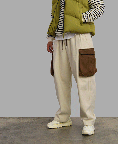 配色工裝桃皮絨拉絨寬鬆緊褲