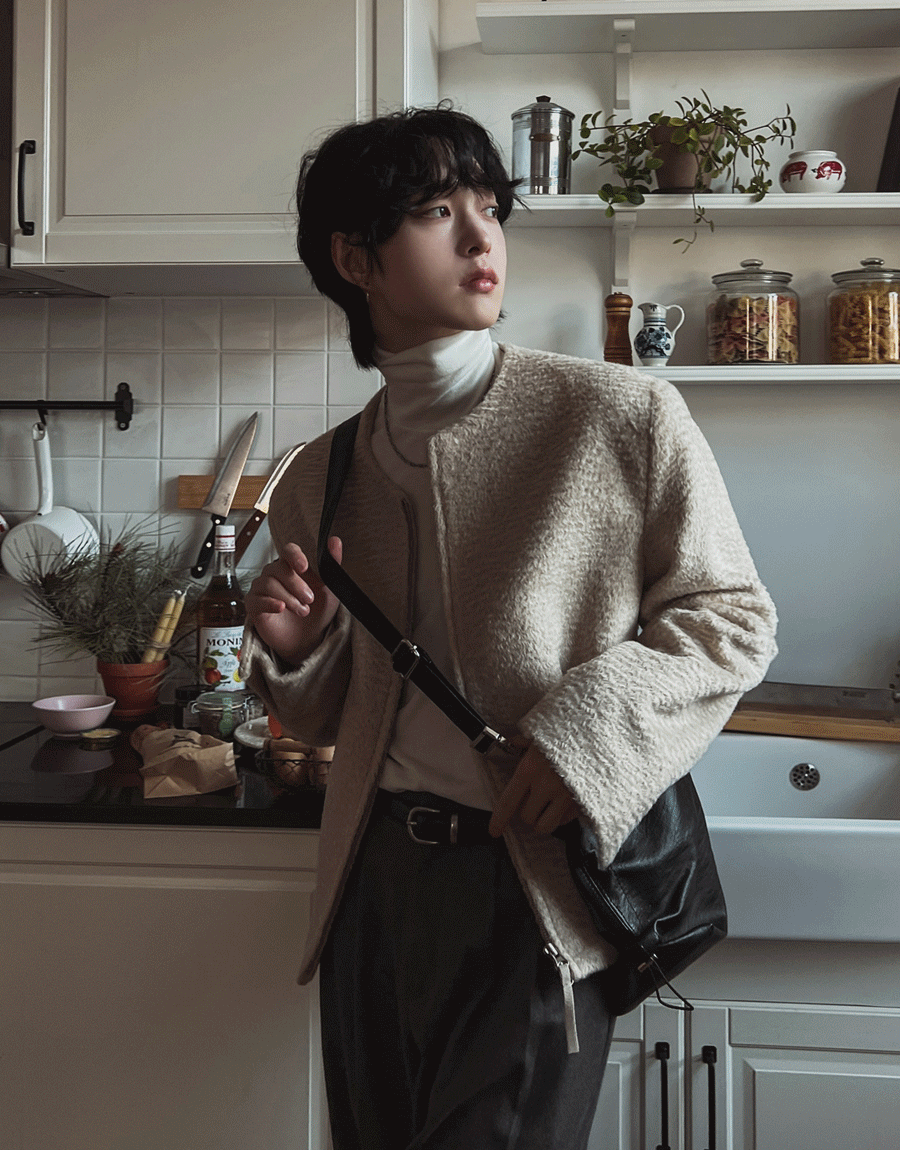 髮絲紋馬海毛束腰夾克