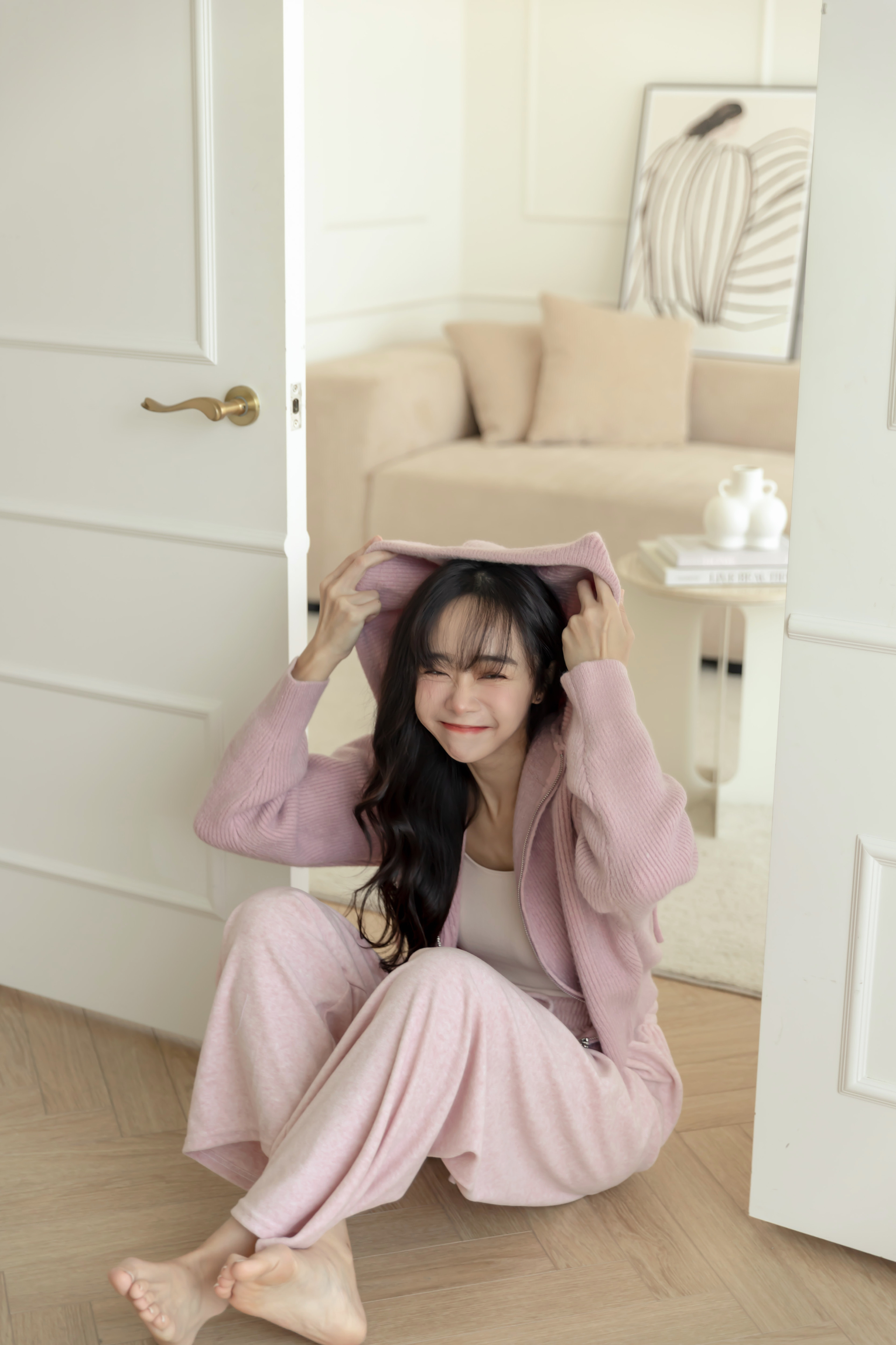 粉色針織連帽外套