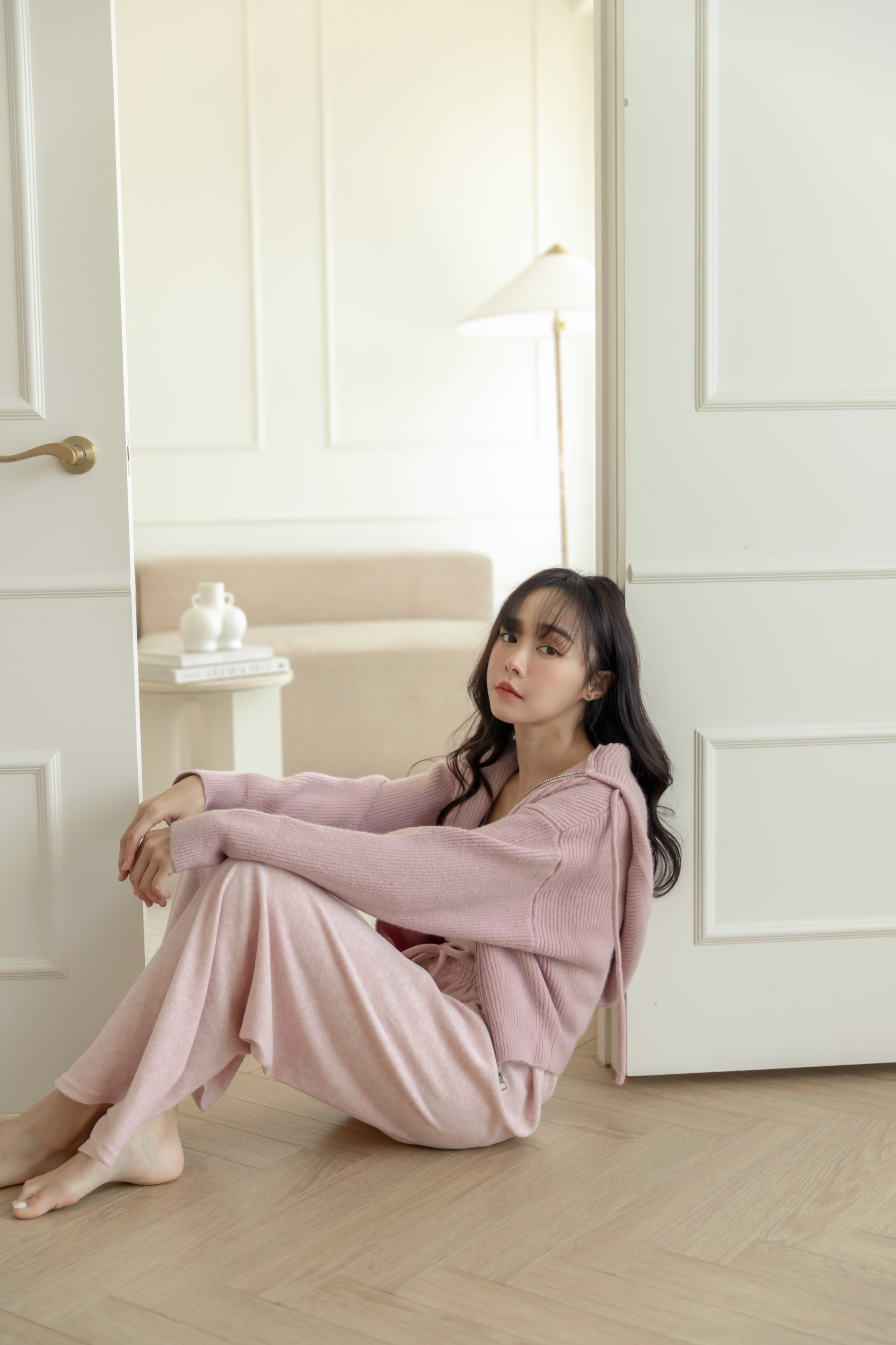 粉色針織連帽外套