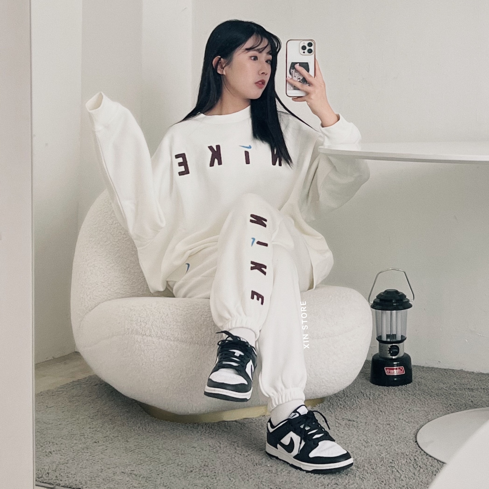 【現貨】Nike NSW Logo 運動套裝 植絨 立體 刷毛 飛鼠袖 套裝 長袖 棉褲 米白