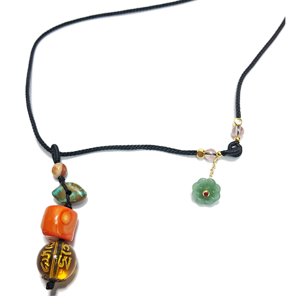 六字真言{黃晶}&綠松石&海竹珊瑚&蓮花中國結項鍊【十方】152929
