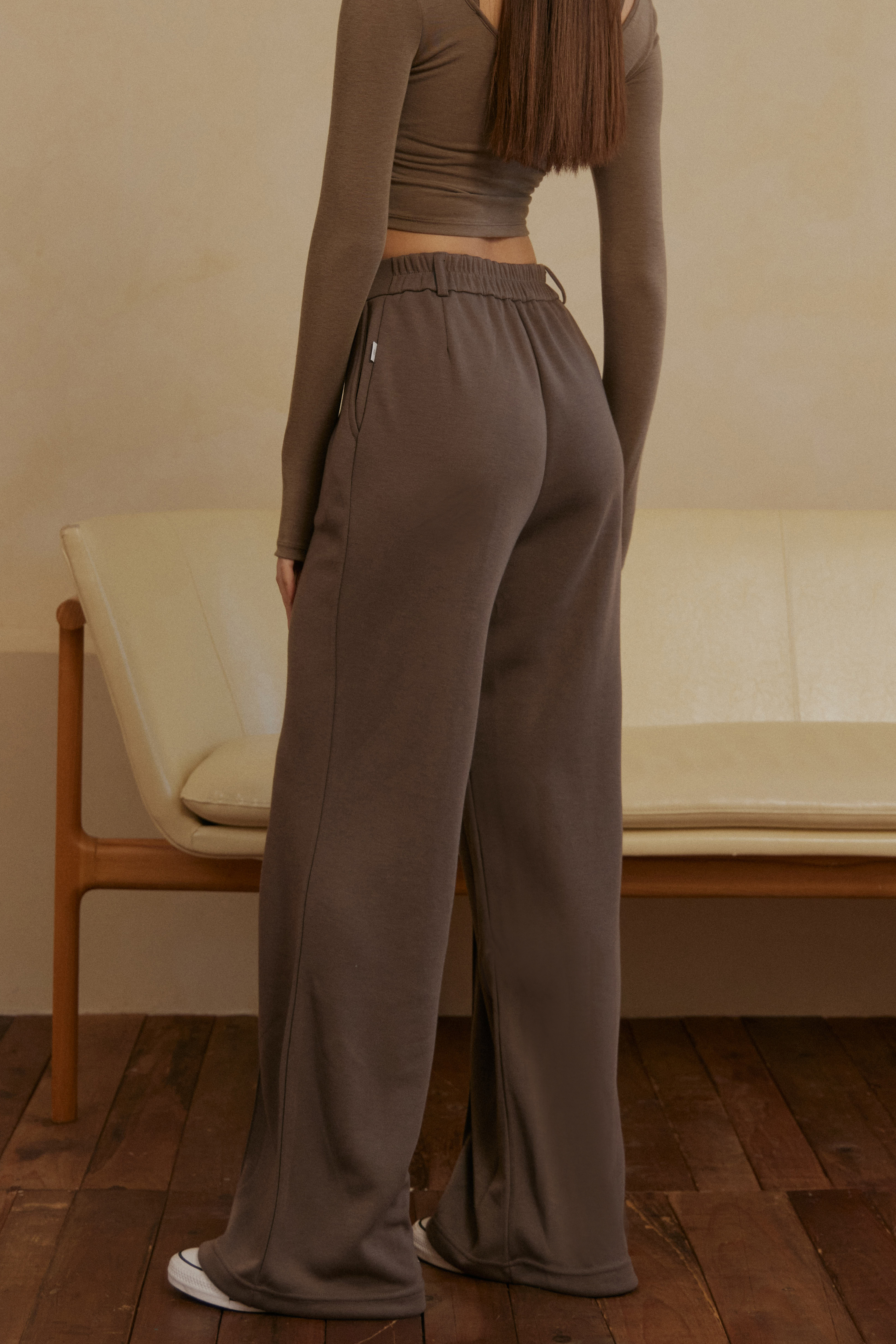 彈性腰頭西裝落地寬褲- 咖啡