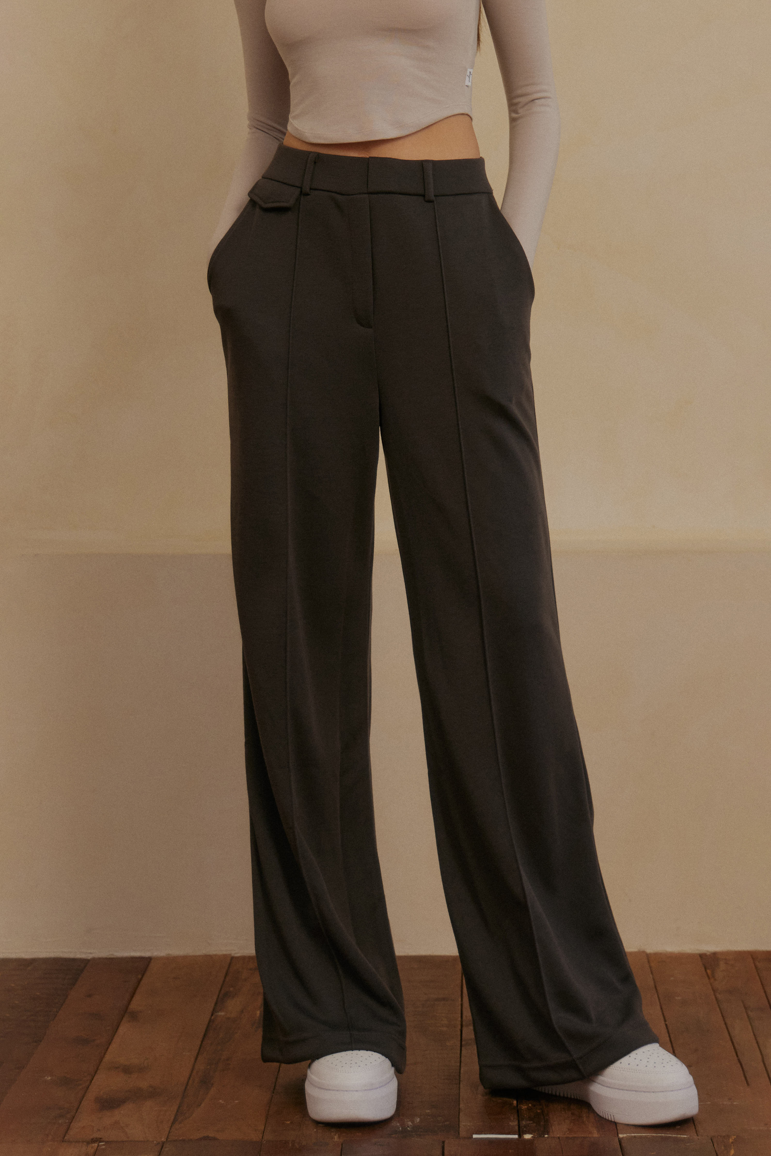 彈性腰頭西裝落地寬褲- 鐵灰