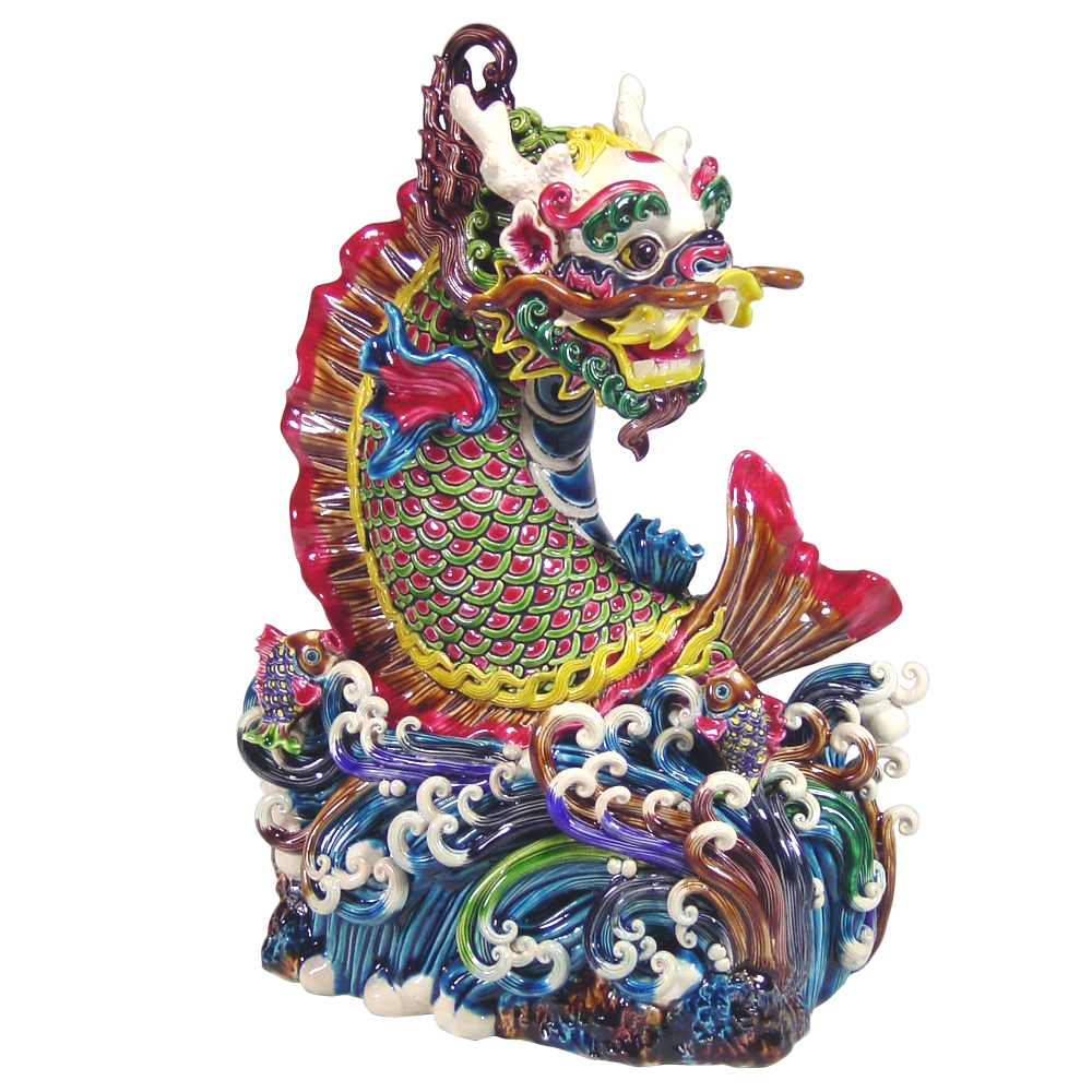 台湾 交趾焼 駿馬 開運 招運 幸運 置物 鹿港窯禮品館｜台灣國寶交趾陶居家開運九龍盤L 九鯉躍龍門盤飾L