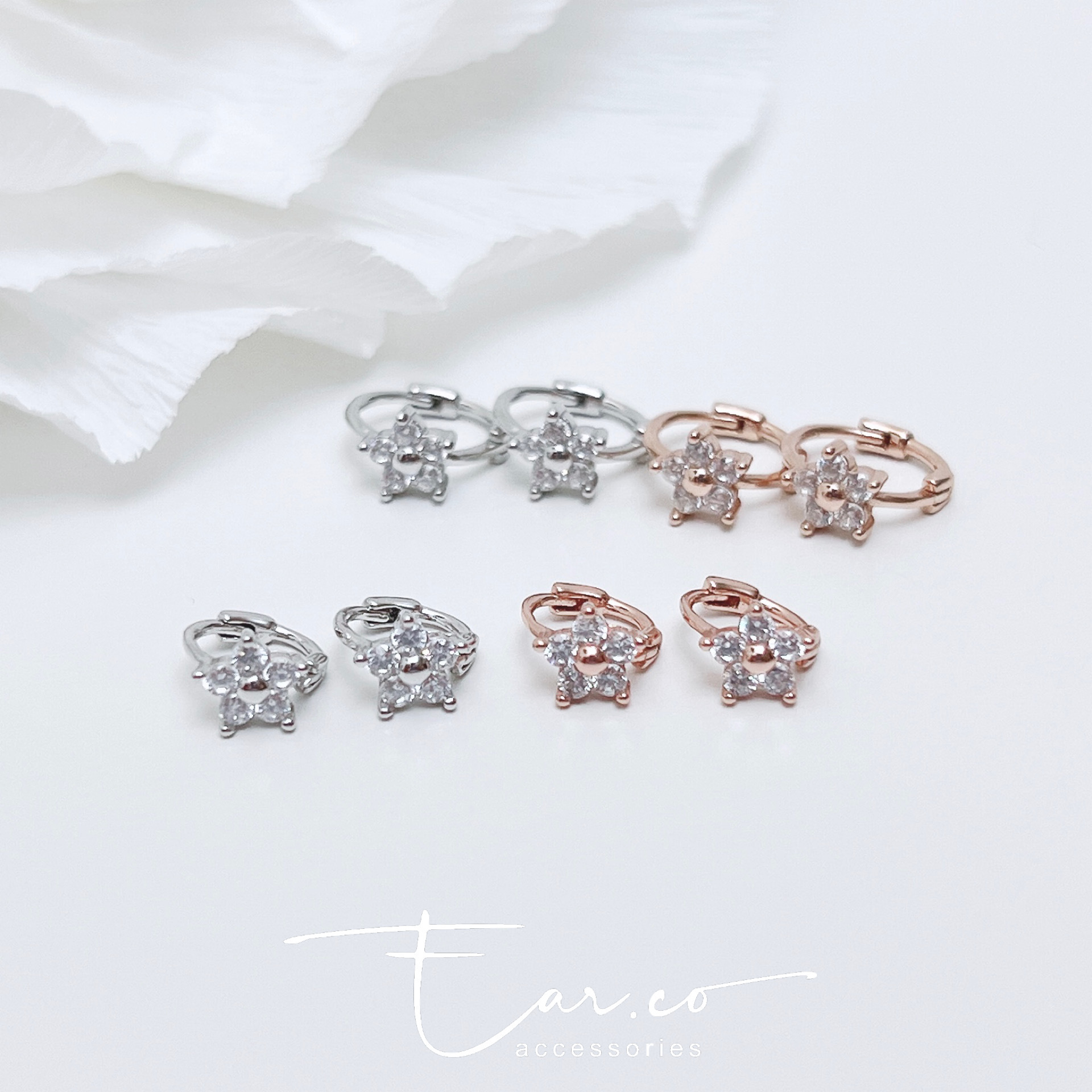 閃石小花朵純銀小耳圈 [睡覺不用脫! ] #A1017