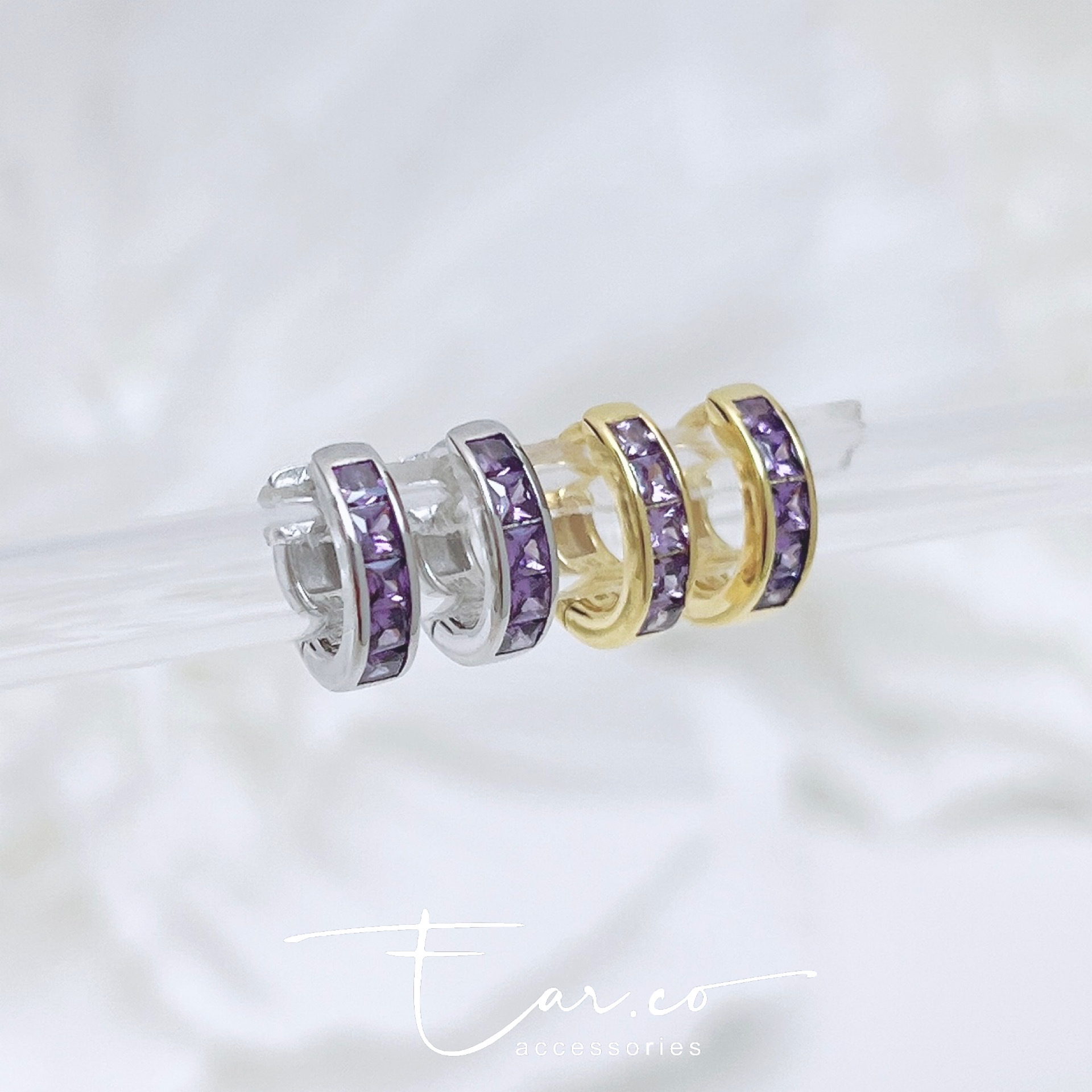 坦桑紫梯方石小粗條純銀小耳圈 [睡覺不用脫! ] #A1016