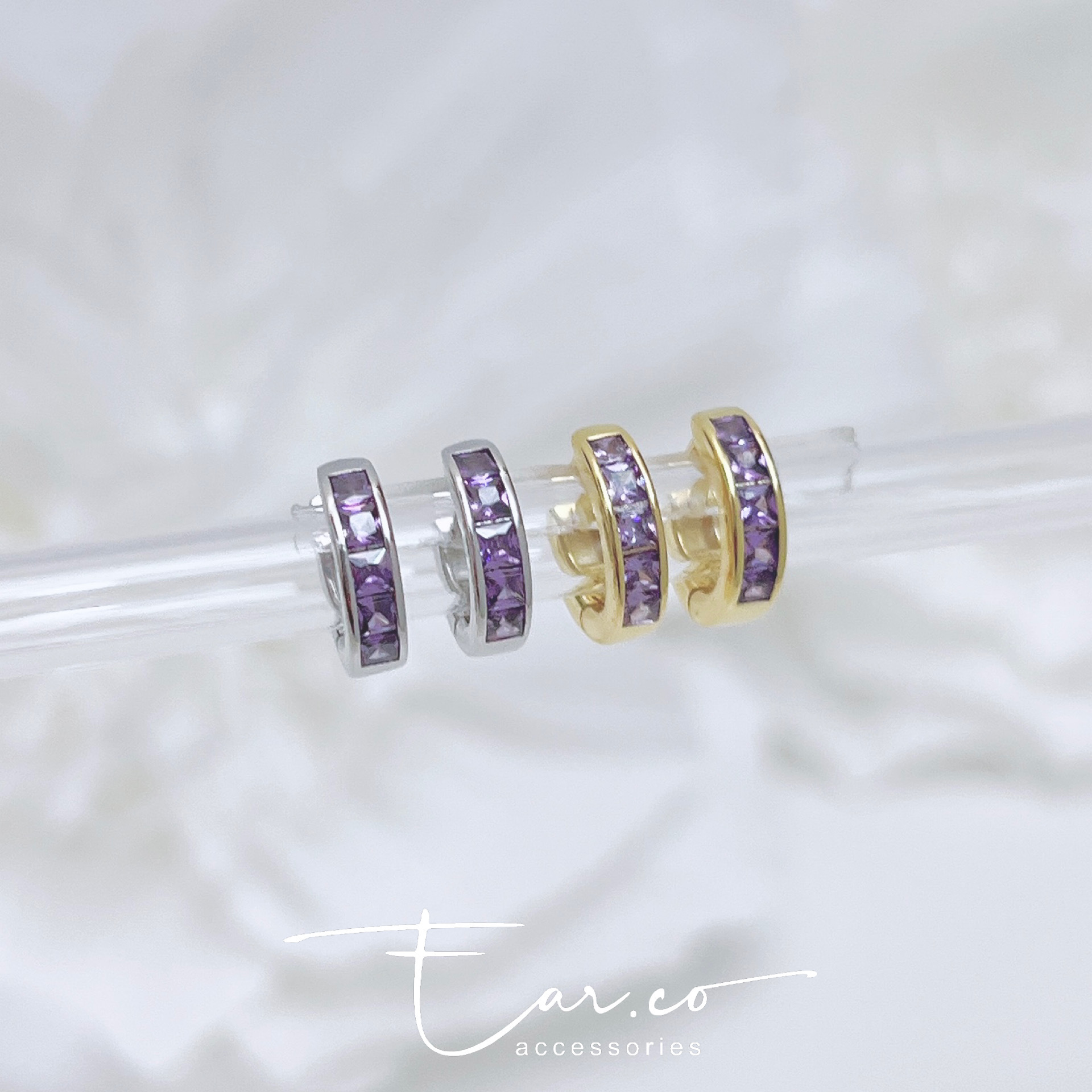 坦桑紫梯方石小粗條純銀小耳圈 [睡覺不用脫! ] #A1016