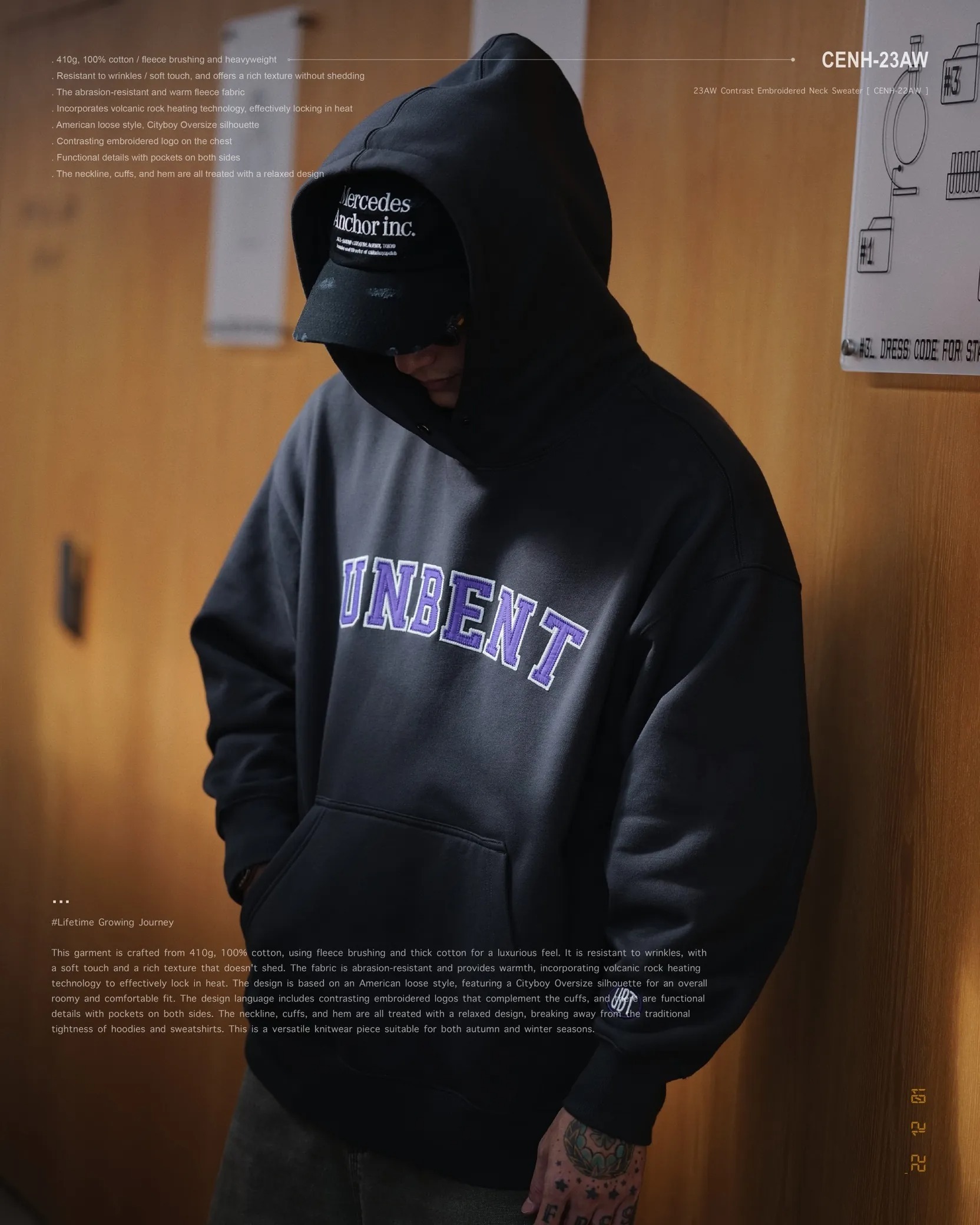 UNBENT - 23AW Contrast Embroidered Neck Hoodie