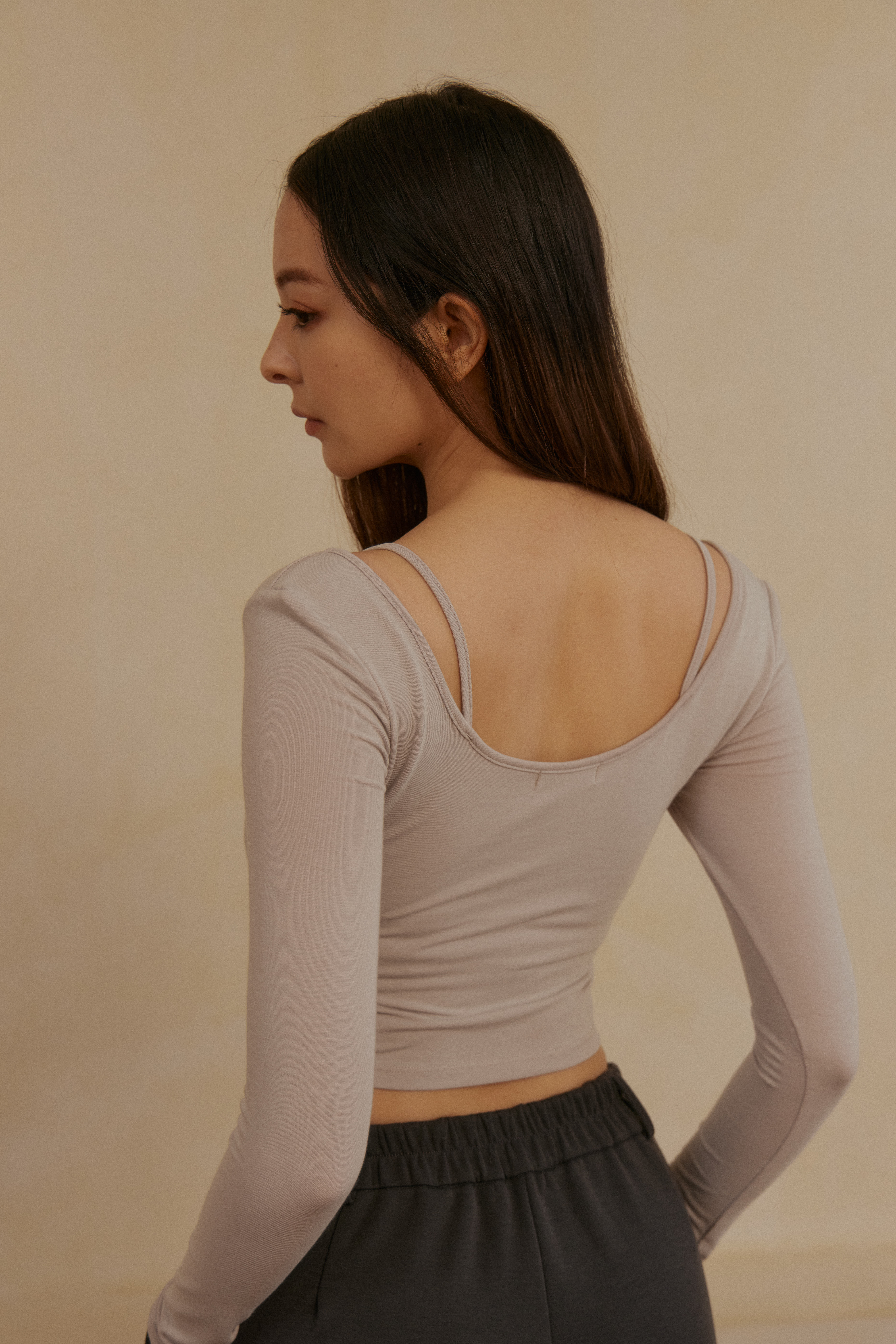 下擺圓弧方領Bra Top- 杏