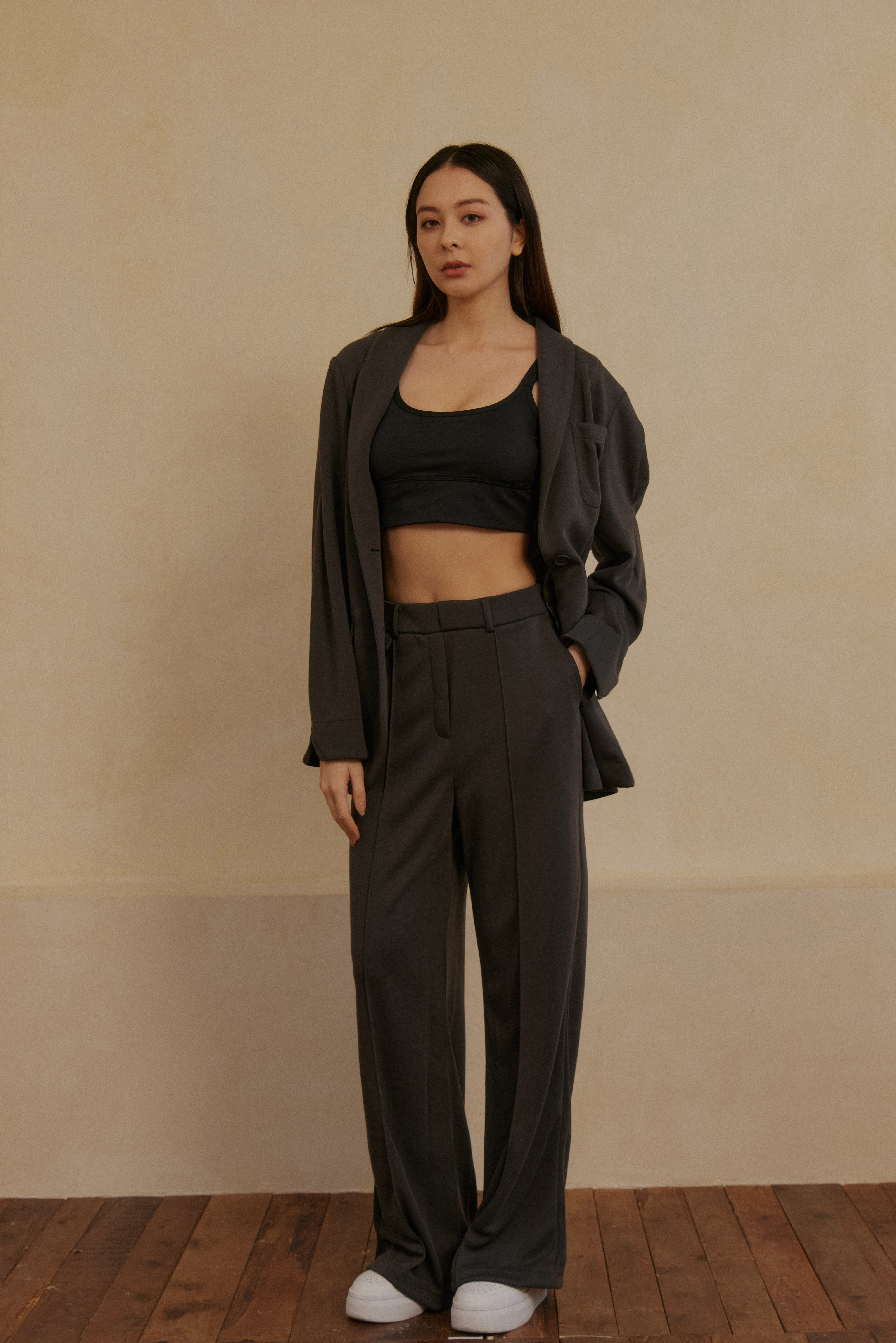 袖打摺寬鬆西裝外套- 鐵灰