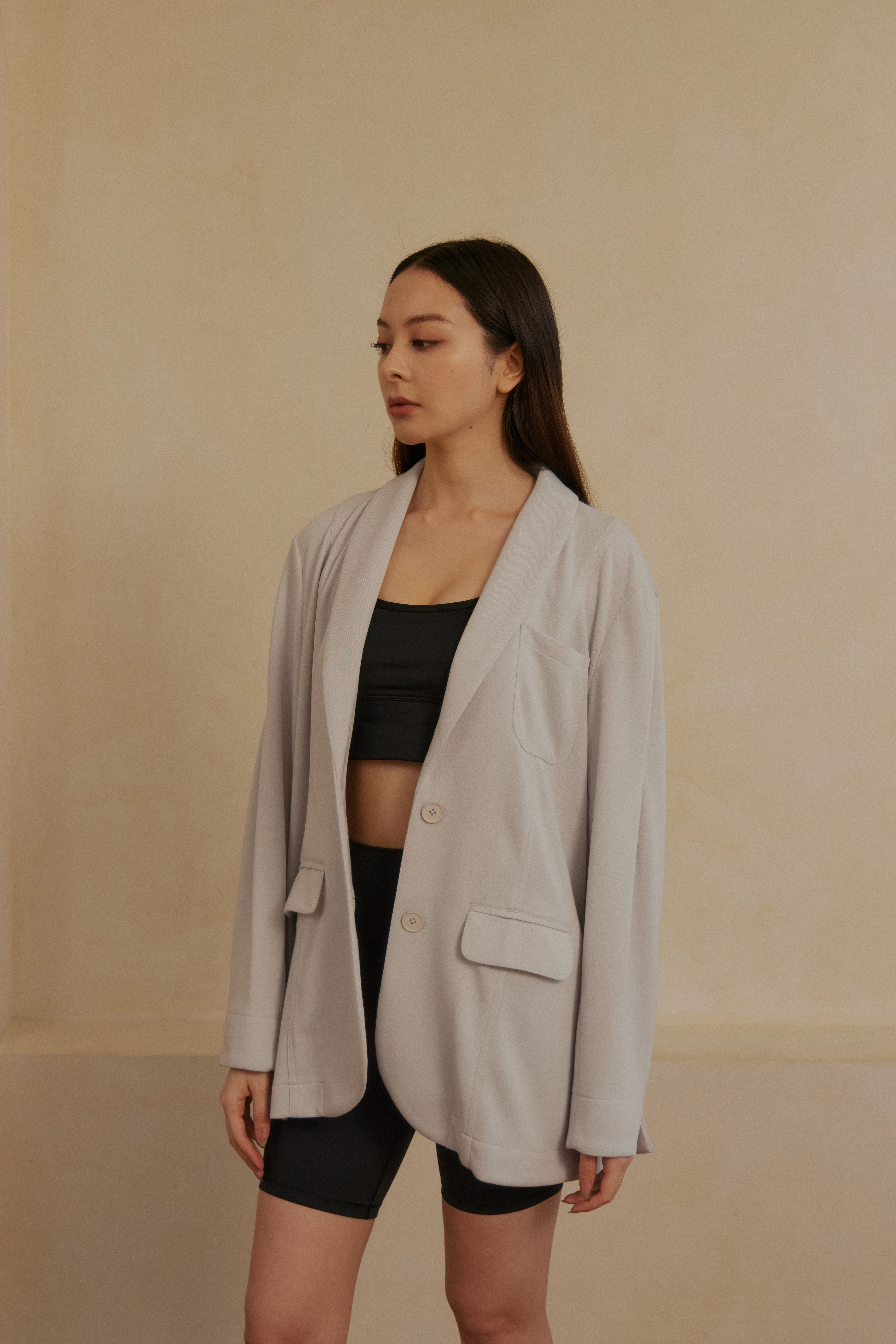 袖打摺寬鬆西裝外套- 淺灰