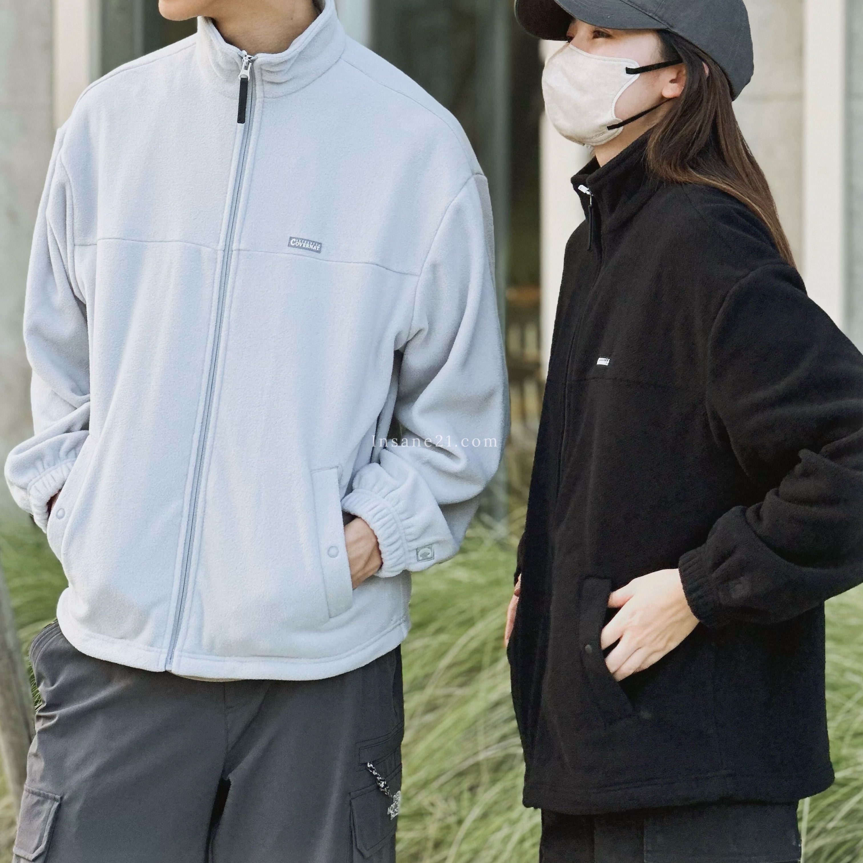 COVERNAT 搖粒絨立領外套 黑//淺灰